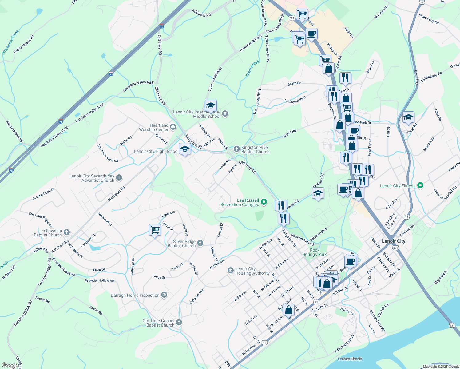 map of restaurants, bars, coffee shops, grocery stores, and more near 124 Candlenook Lane in Lenoir City