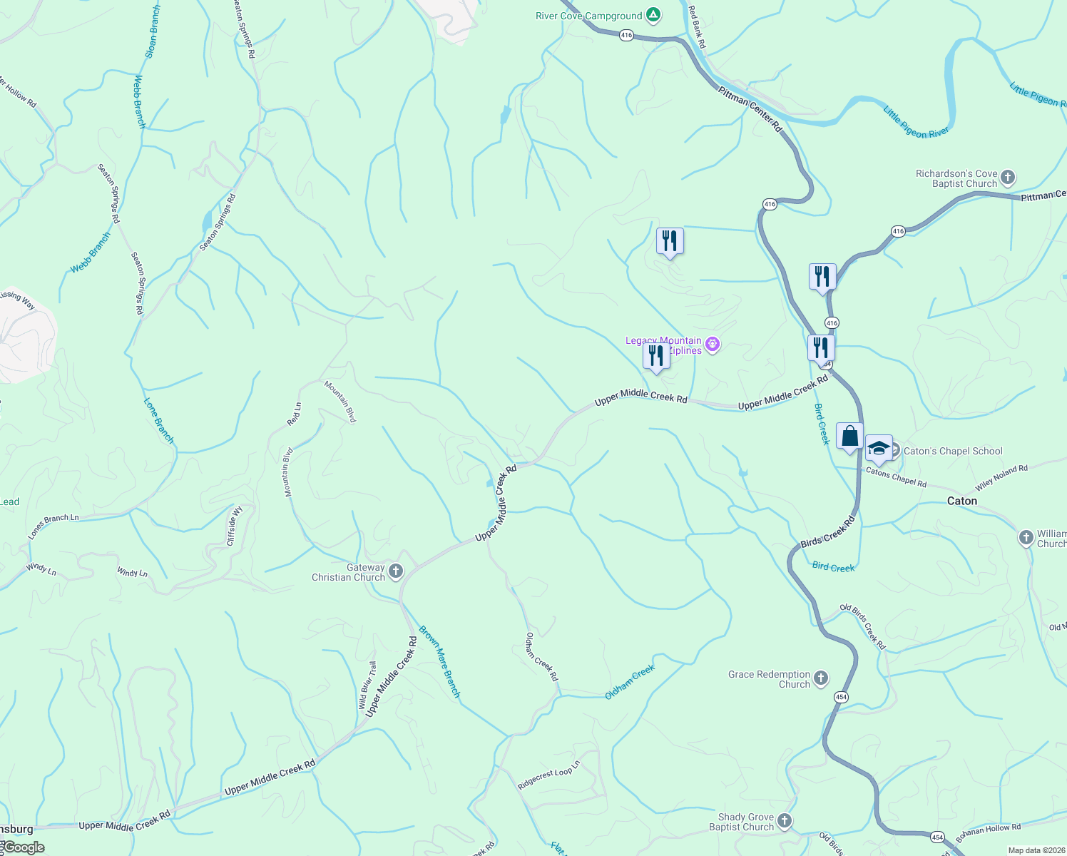 map of restaurants, bars, coffee shops, grocery stores, and more near A Mockingbird Way in Sevierville