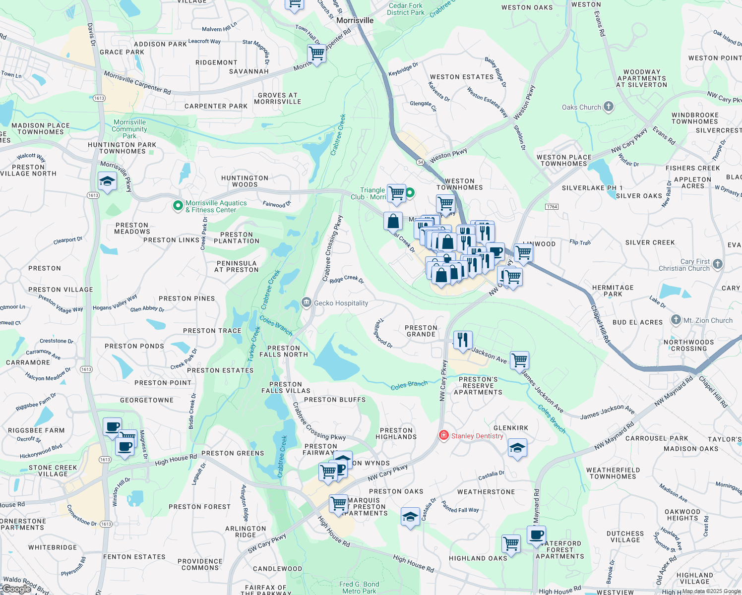 map of restaurants, bars, coffee shops, grocery stores, and more near 100 Bending Oak Way in Morrisville