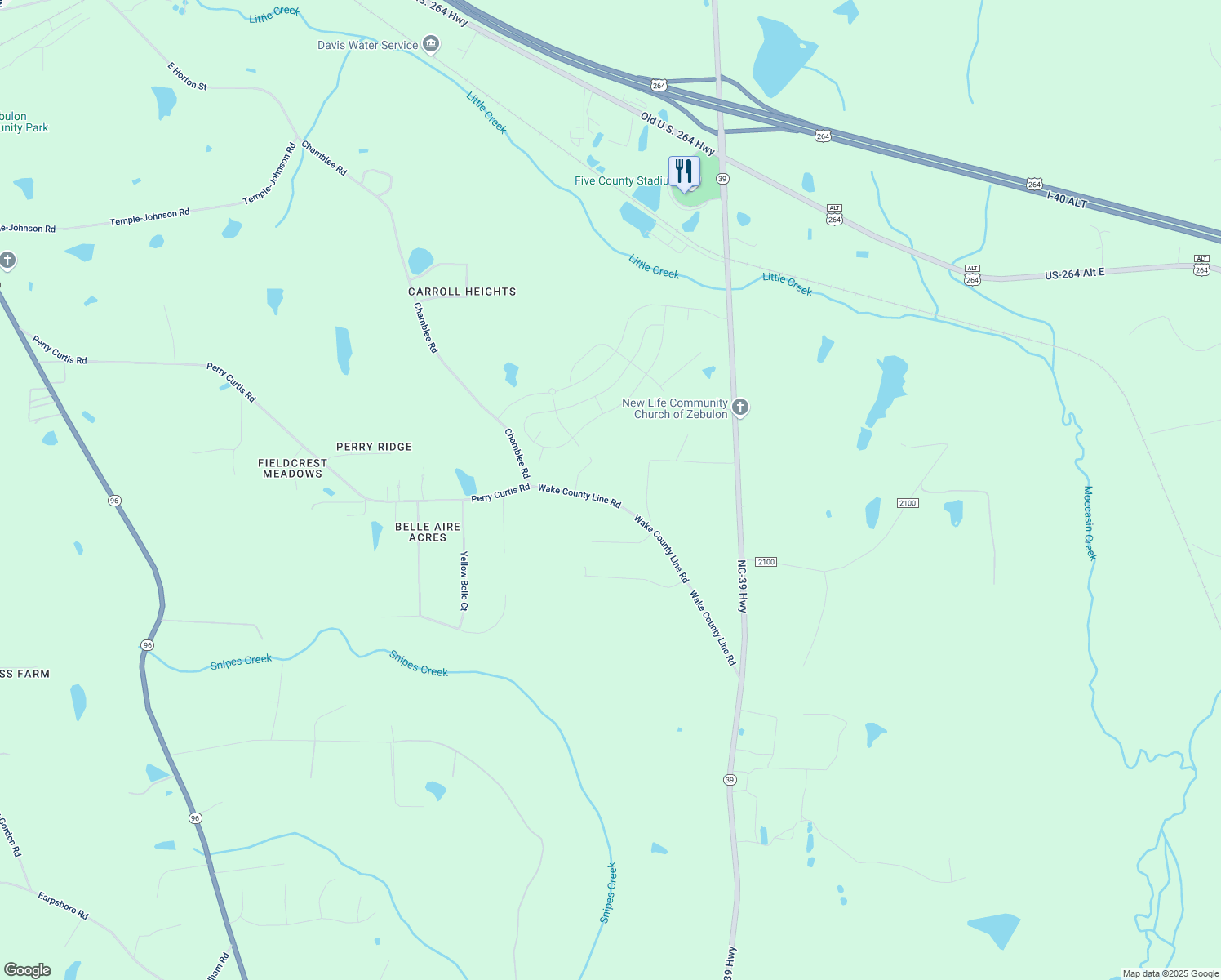 map of restaurants, bars, coffee shops, grocery stores, and more near 500 Wake County Line Road in Zebulon