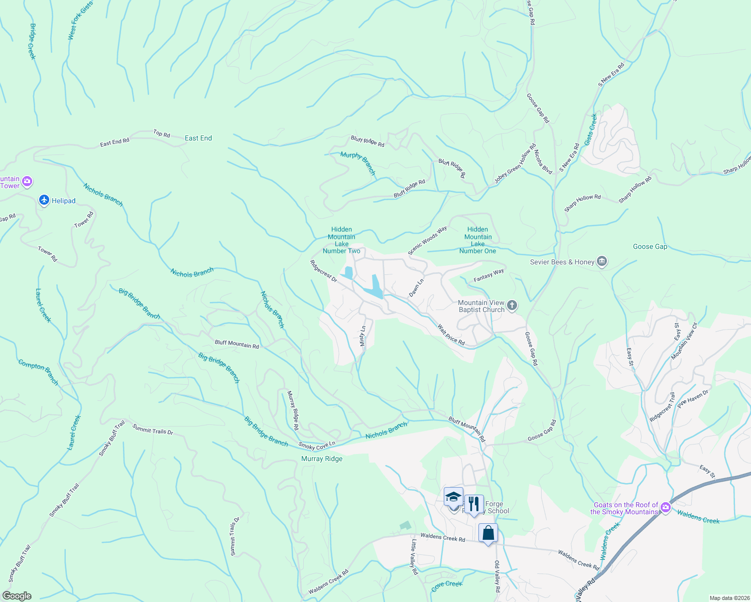map of restaurants, bars, coffee shops, grocery stores, and more near 1707 Ridgecrest Drive in Sevierville