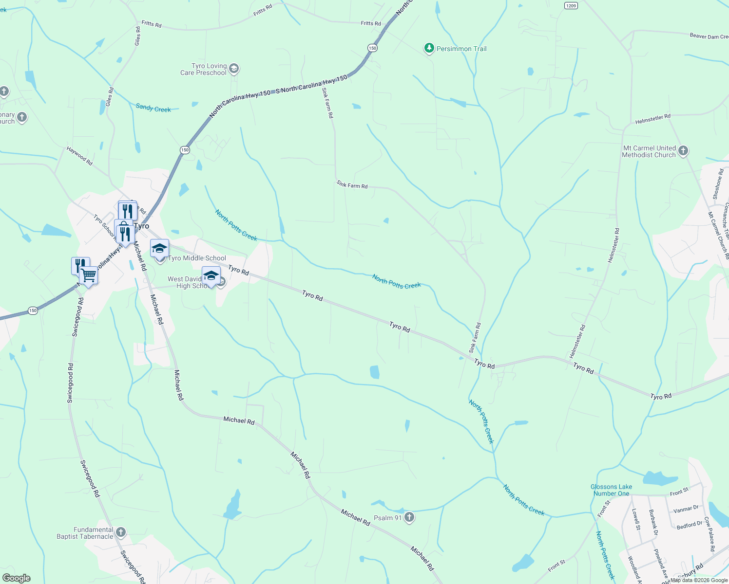 map of restaurants, bars, coffee shops, grocery stores, and more near 2536 Tyro Road in Lexington