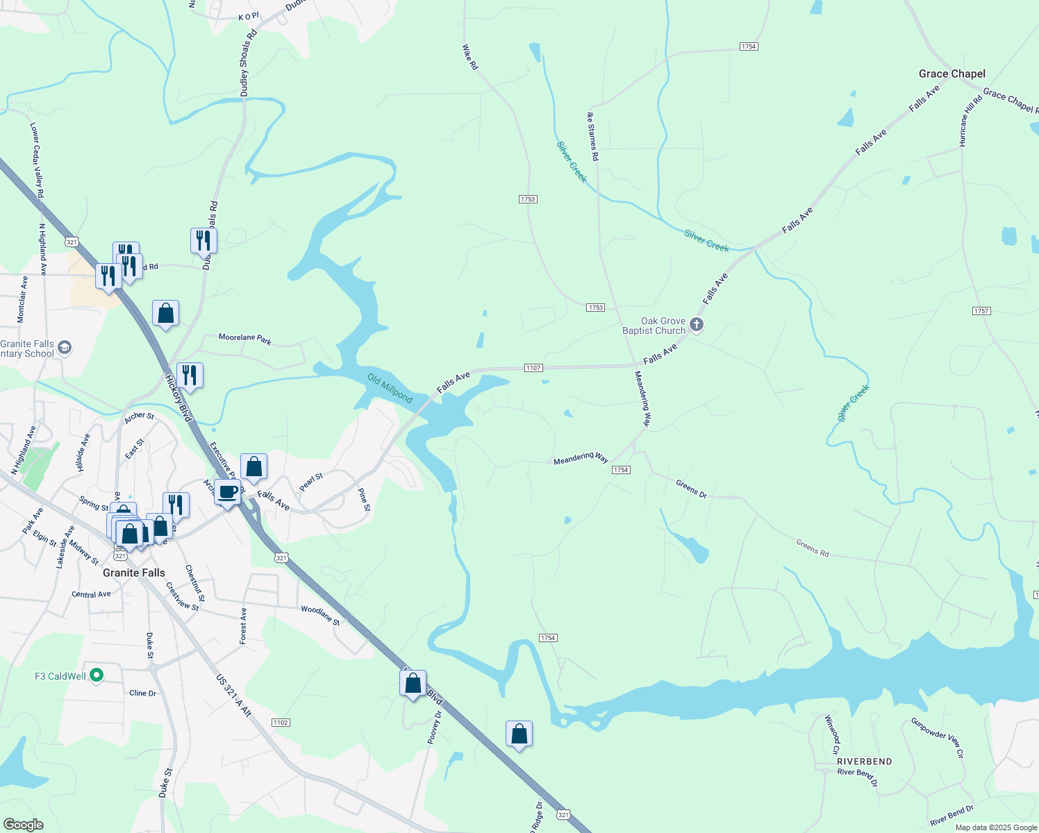 map of restaurants, bars, coffee shops, grocery stores, and more near 18 River Drive in Granite Falls