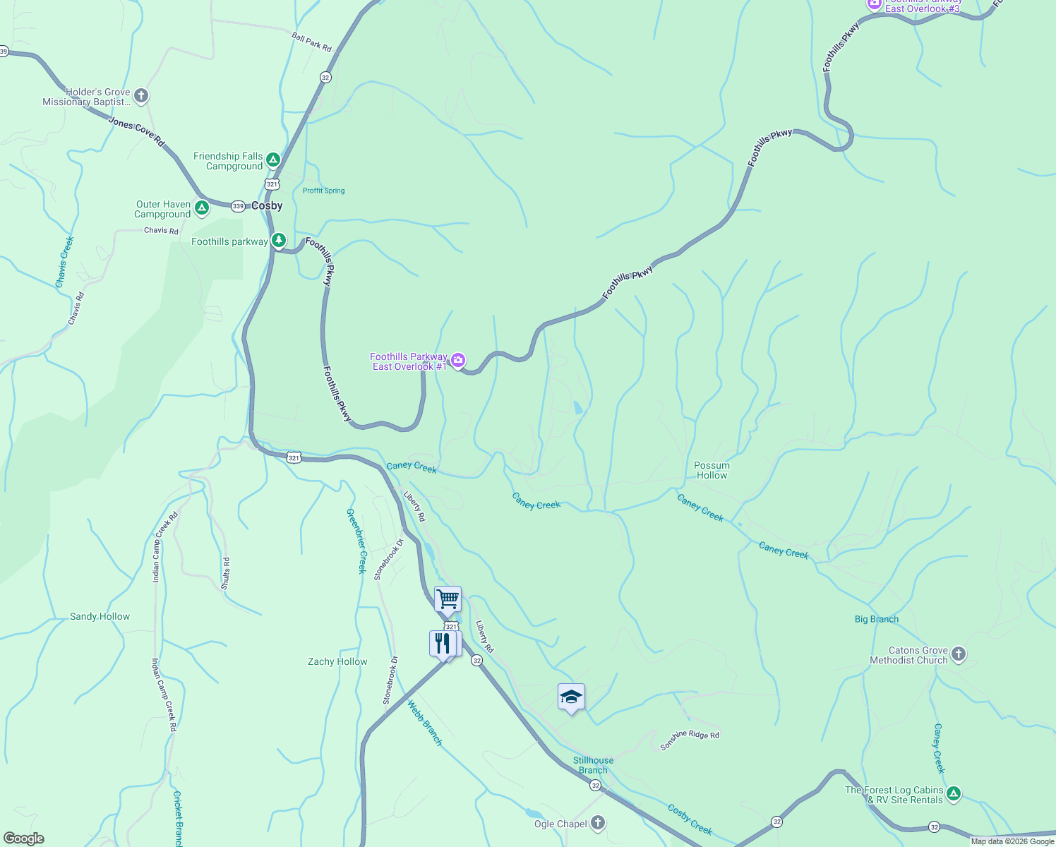 map of restaurants, bars, coffee shops, grocery stores, and more near 4291 Mountain Laurel Way in Cosby