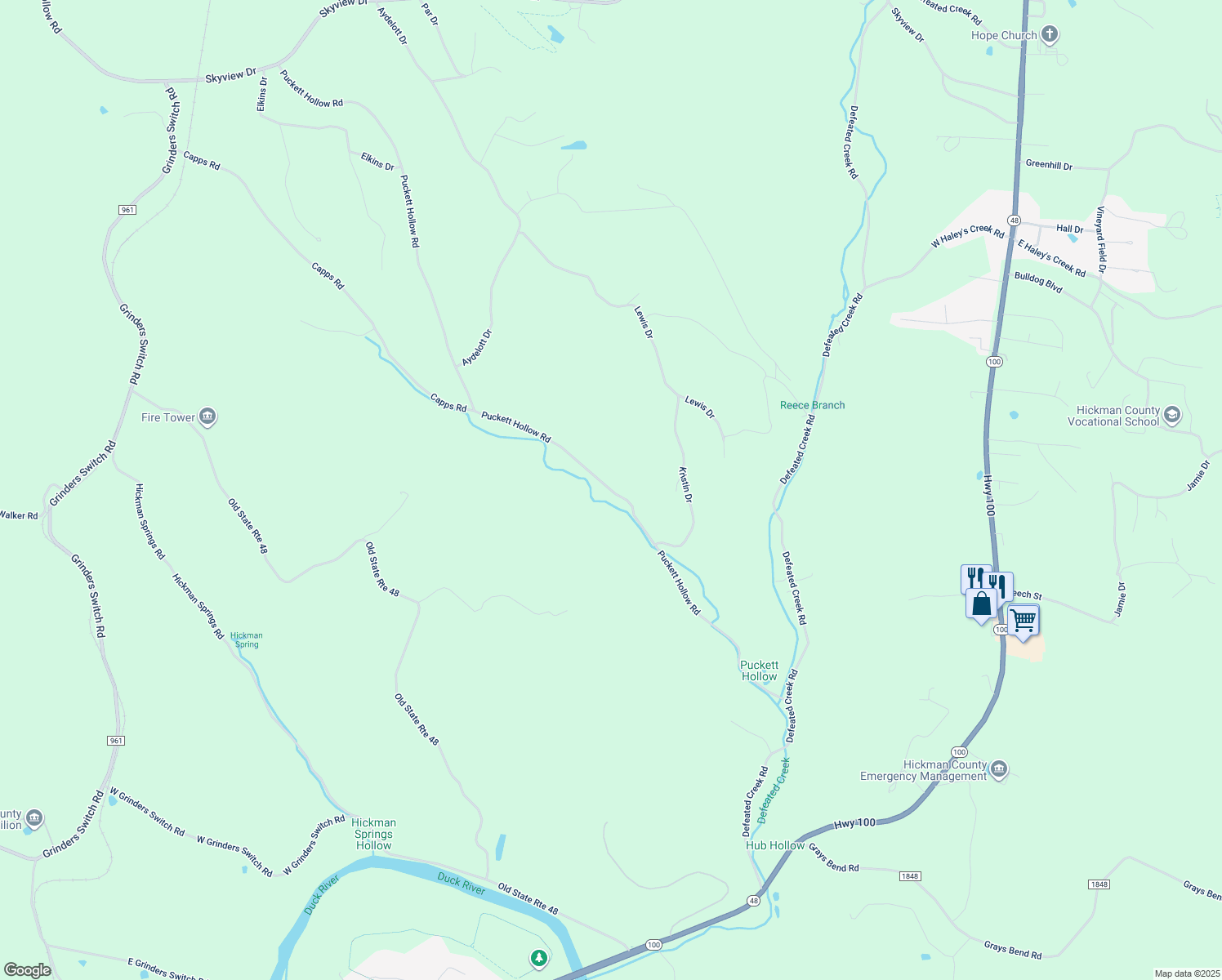 map of restaurants, bars, coffee shops, grocery stores, and more near 813 Puckett Hollow Road in Centerville