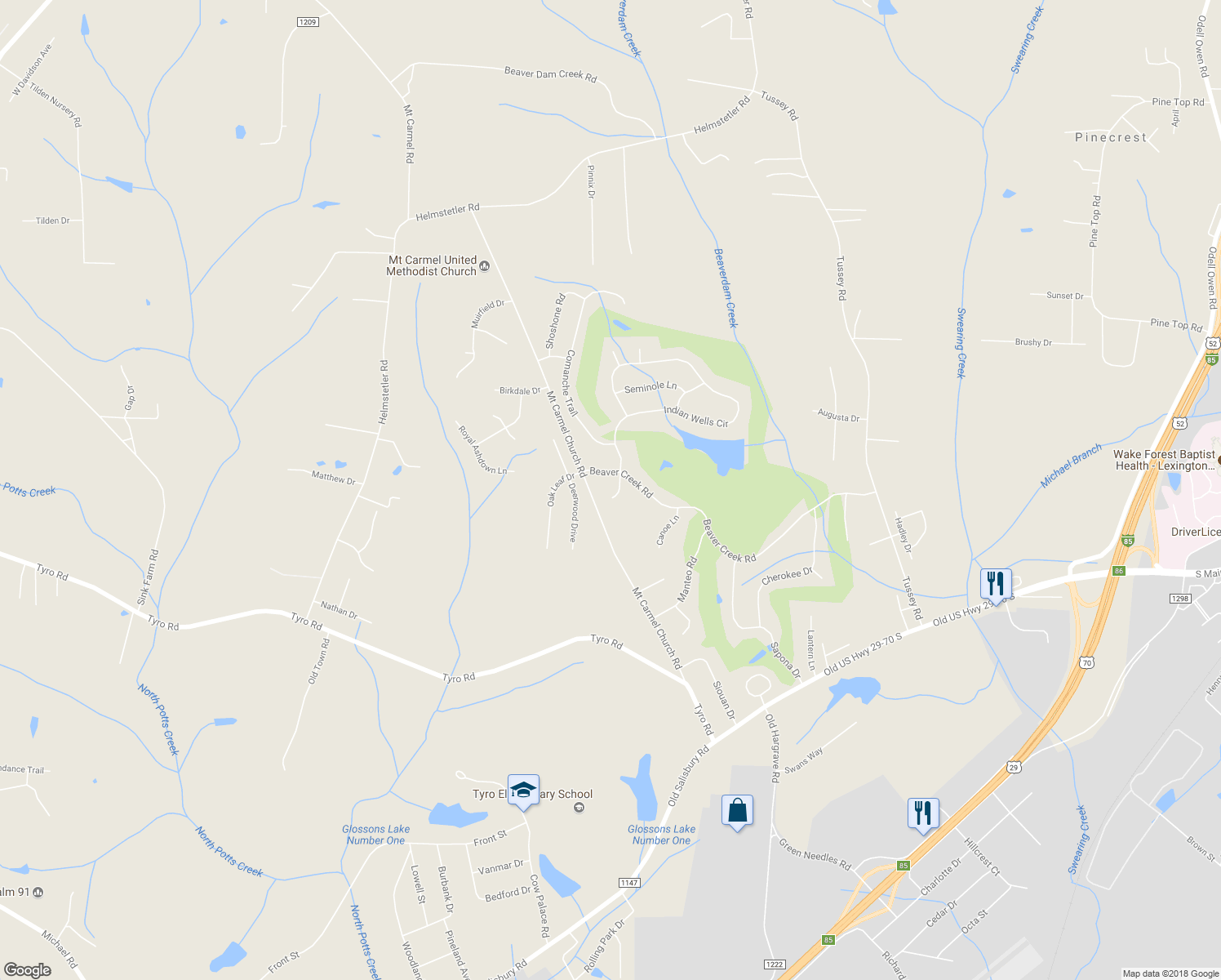 map of restaurants, bars, coffee shops, grocery stores, and more near 103 Warrior Way in Lexington