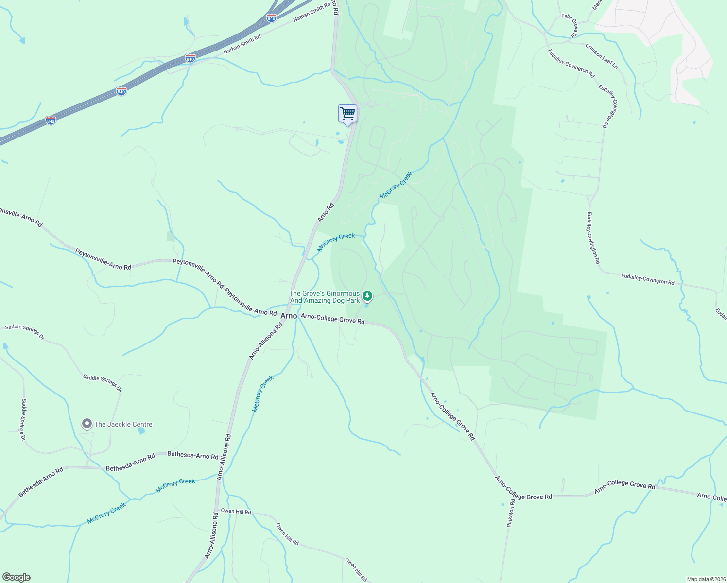 map of restaurants, bars, coffee shops, grocery stores, and more near 6422 Arno-College Grove Road in College Grove