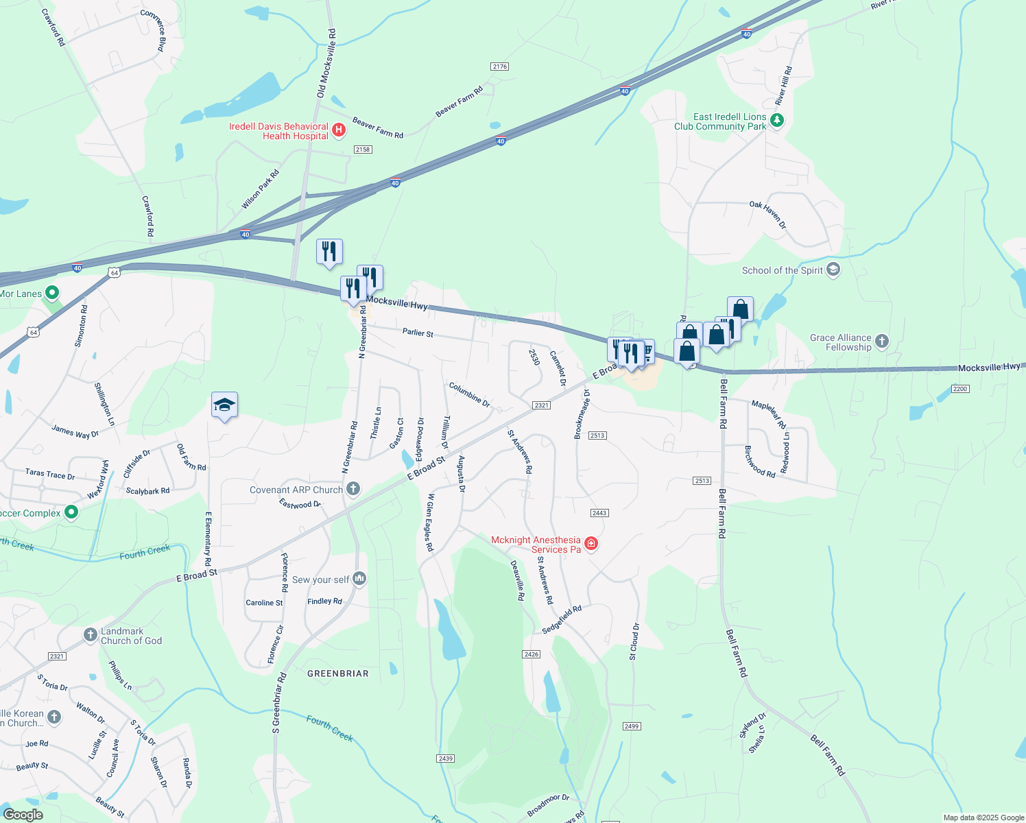 map of restaurants, bars, coffee shops, grocery stores, and more near 102 Columbine Drive in Statesville