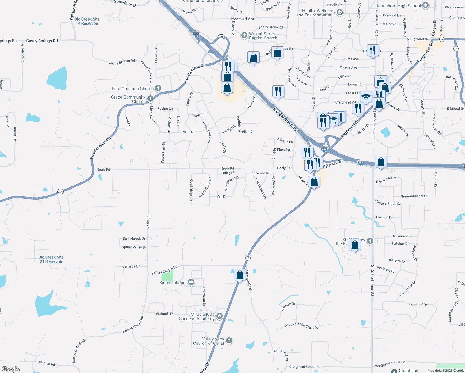 map of restaurants, bars, coffee shops, grocery stores, and more near 3201 Creekwood Dr in Jonesboro