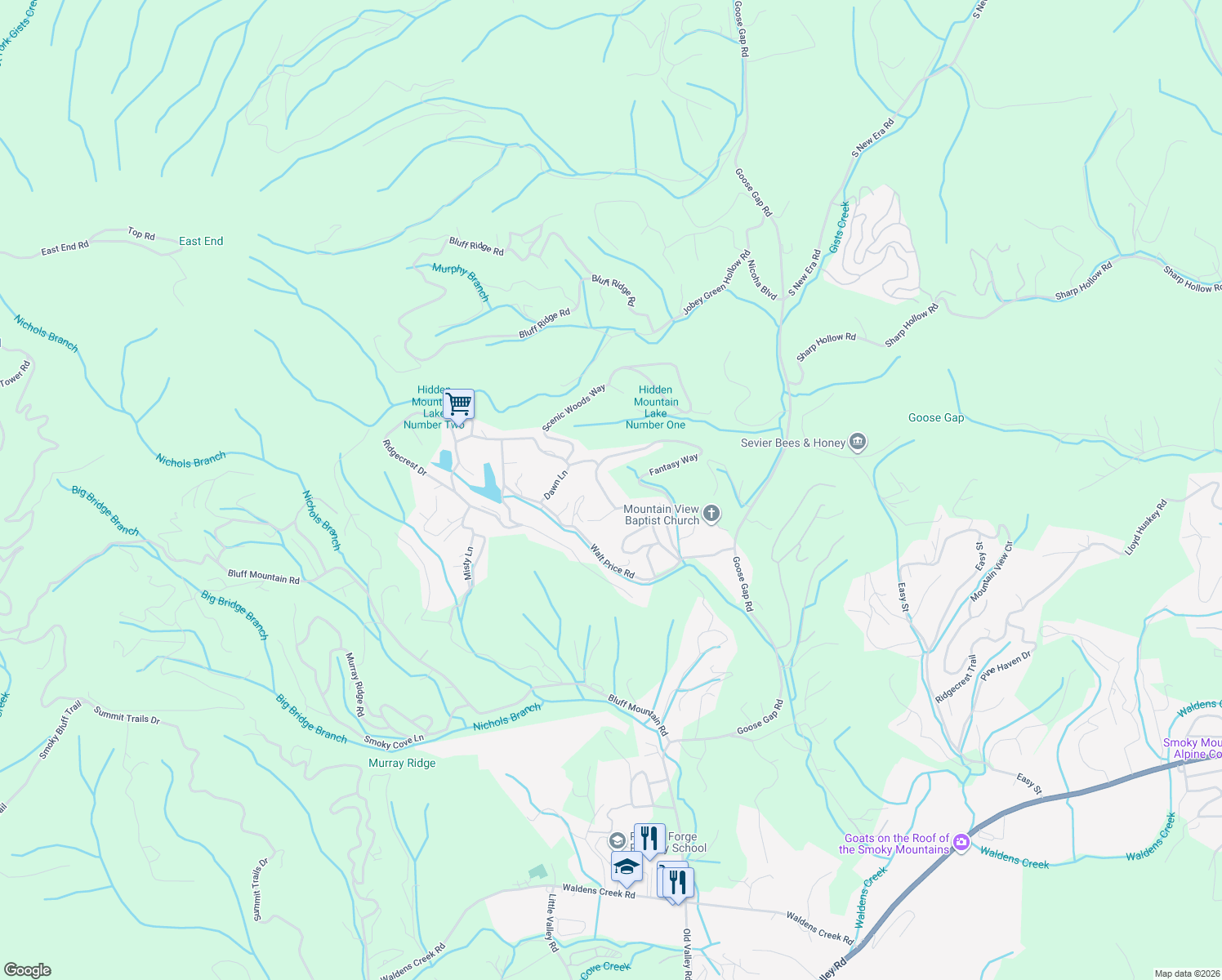 map of restaurants, bars, coffee shops, grocery stores, and more near 2308 Hidden Mountain Road in Sevierville