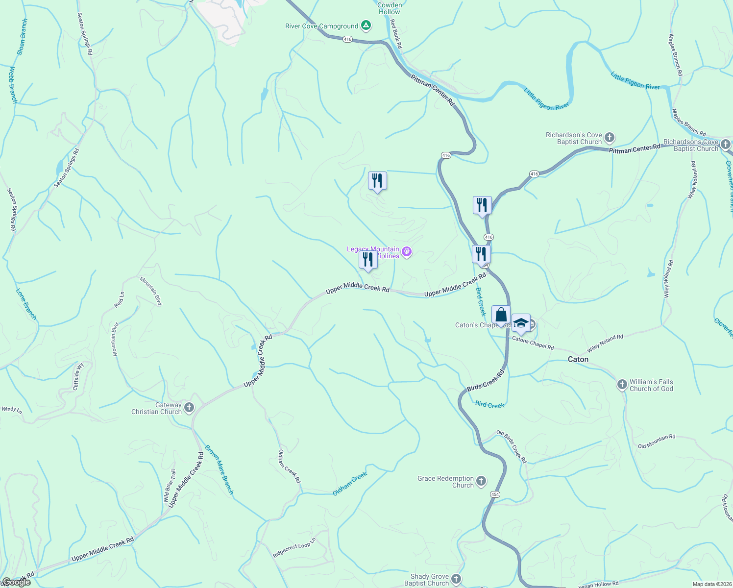 map of restaurants, bars, coffee shops, grocery stores, and more near 2442 Upper Middle Creek Rd in Sevierville
