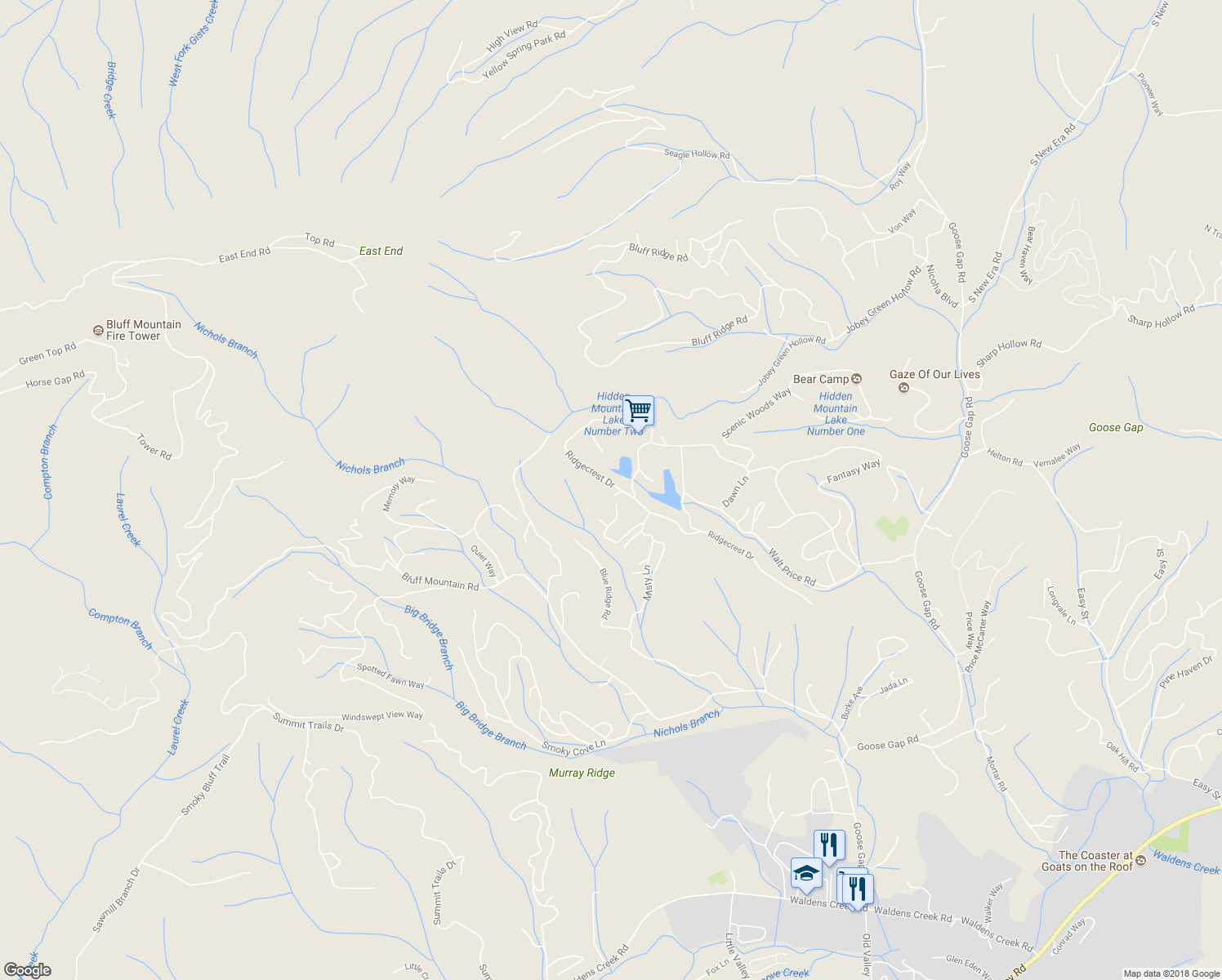 map of restaurants, bars, coffee shops, grocery stores, and more near 1751 Ridgecrest Drive in Pigeon Forge