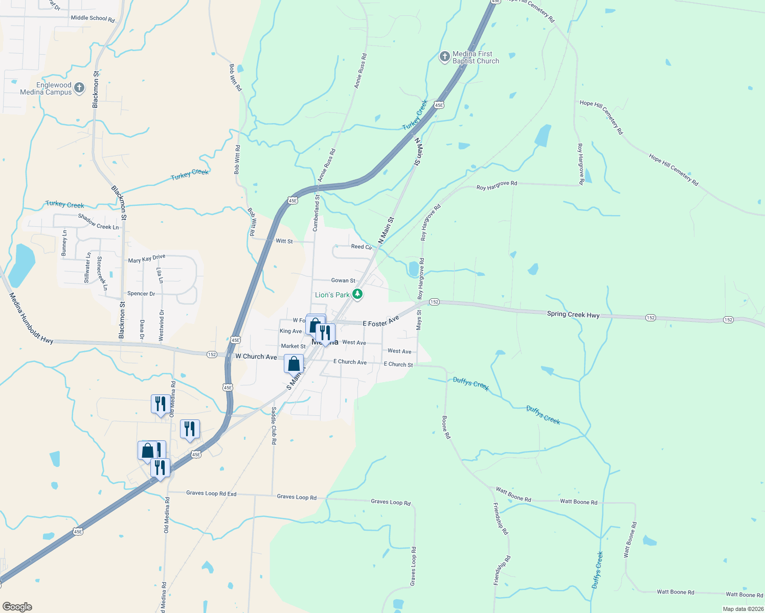 map of restaurants, bars, coffee shops, grocery stores, and more near 230 East Foster Avenue in Medina