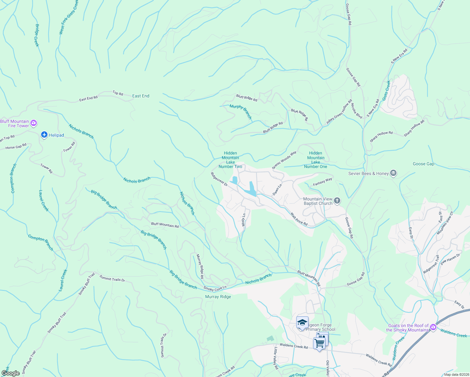 map of restaurants, bars, coffee shops, grocery stores, and more near 1751 Ridgecrest Drive in Pigeon Forge