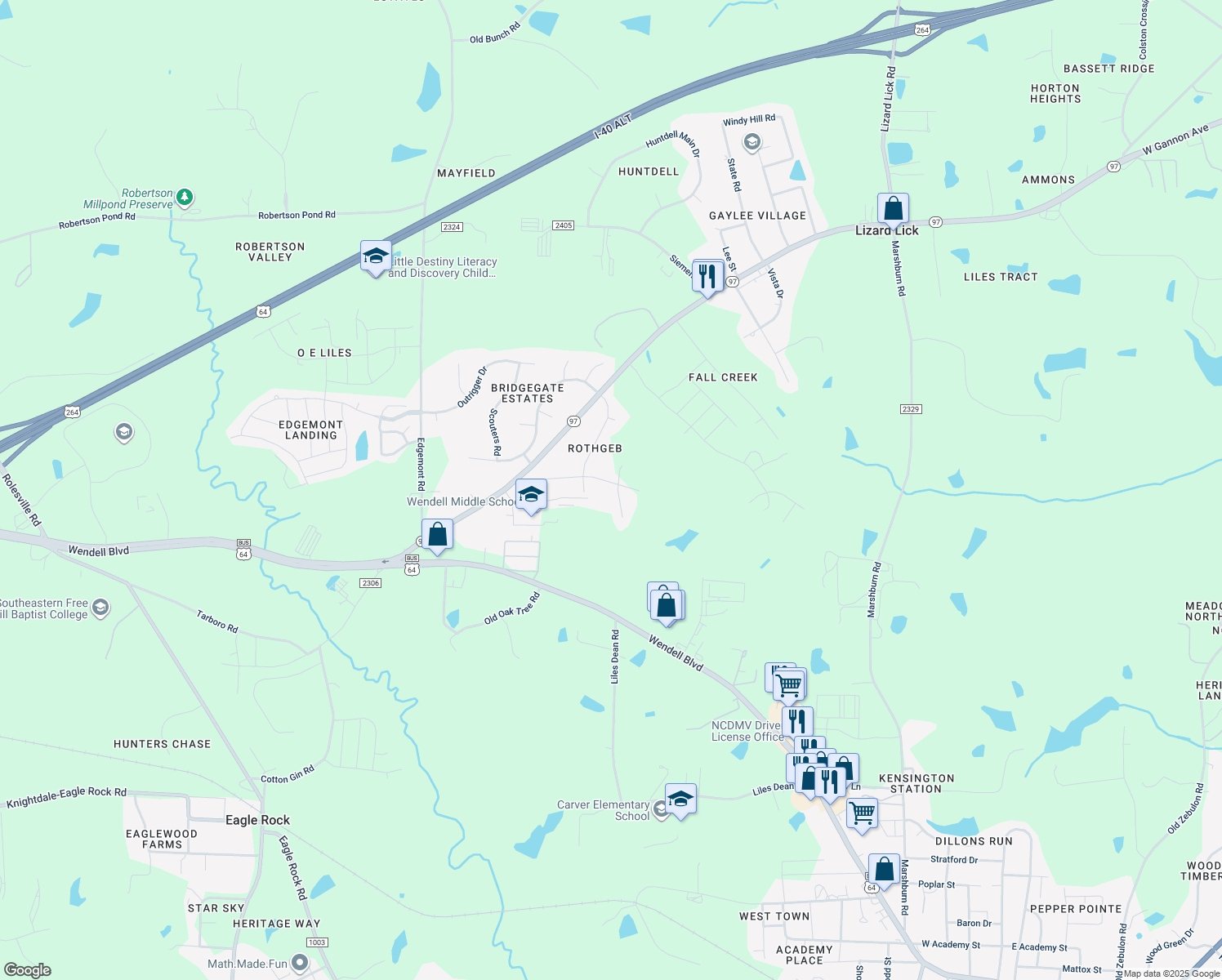 map of restaurants, bars, coffee shops, grocery stores, and more near 1017 Bittbourg Lane in Wendell