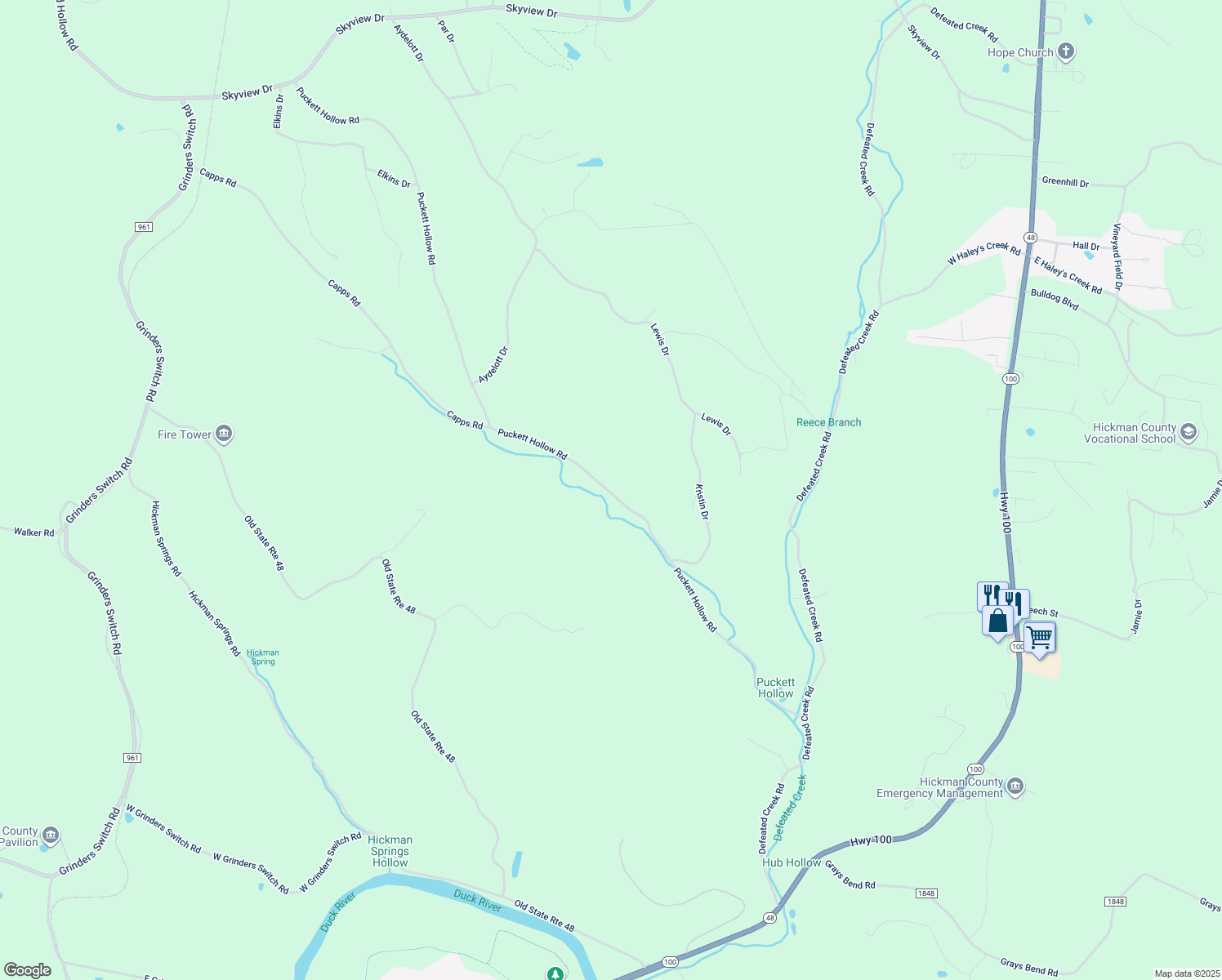 map of restaurants, bars, coffee shops, grocery stores, and more near 813 Puckett Hollow Road in Centerville
