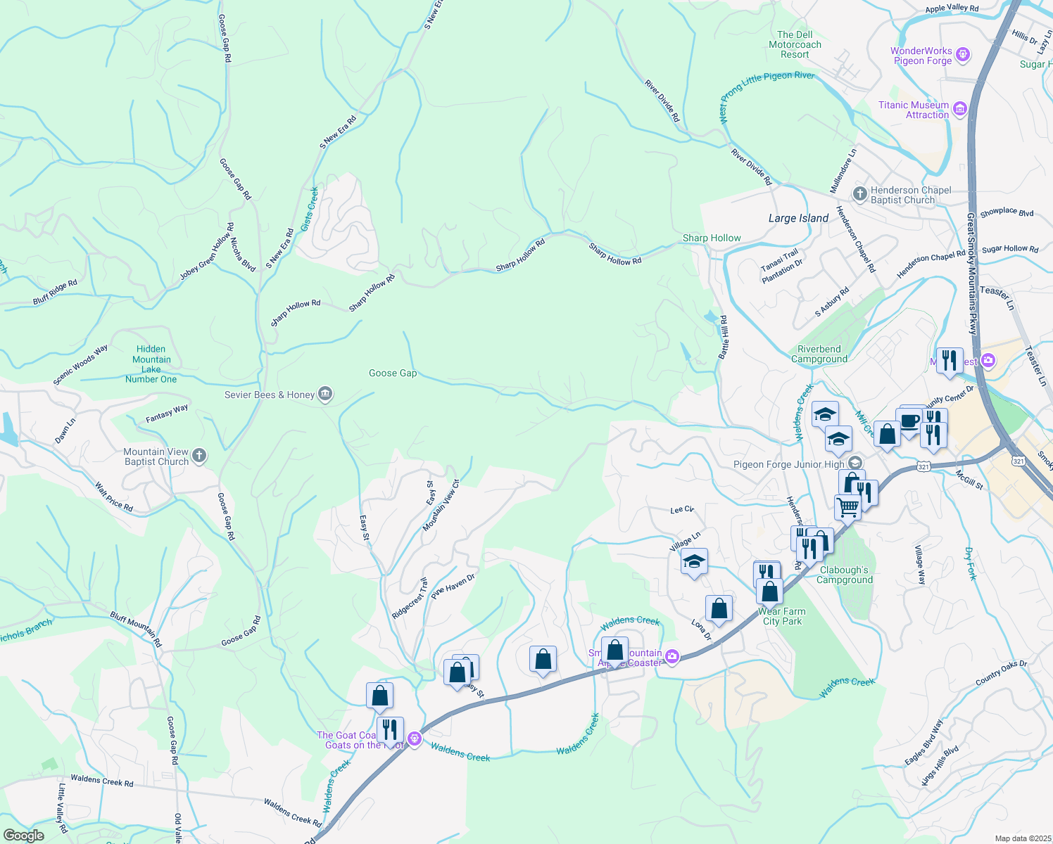 map of restaurants, bars, coffee shops, grocery stores, and more near 2209 Henderson Springs Road in Pigeon Forge