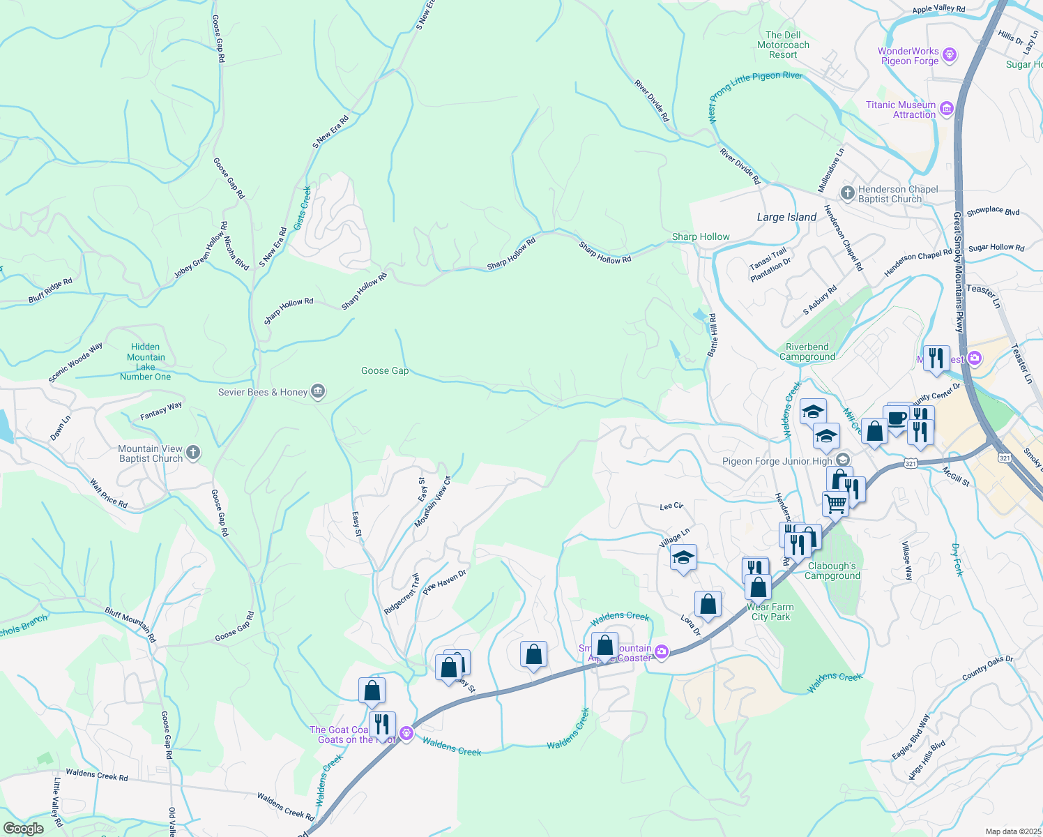 map of restaurants, bars, coffee shops, grocery stores, and more near 2209 Henderson Springs Road in Pigeon Forge