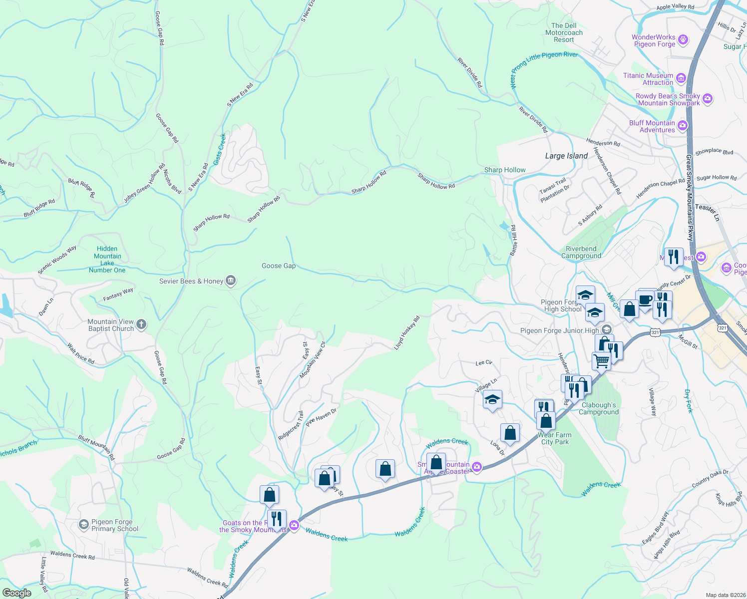 map of restaurants, bars, coffee shops, grocery stores, and more near 2209 Henderson Springs Road in Pigeon Forge