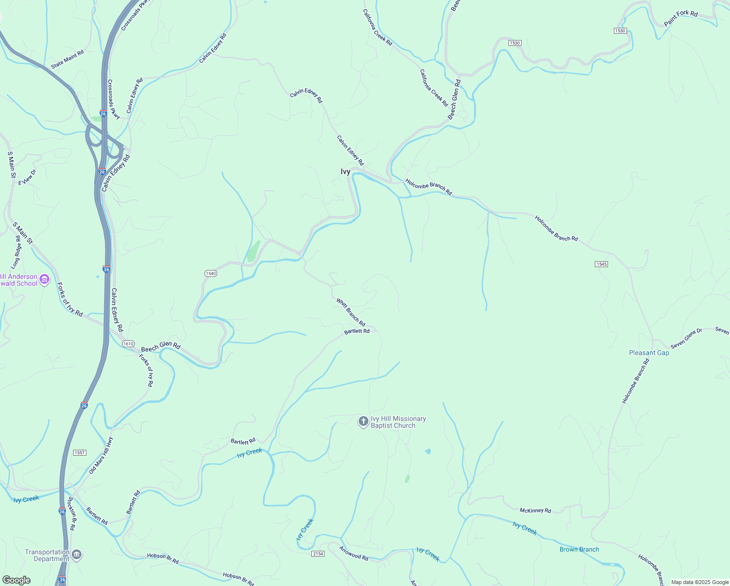 map of restaurants, bars, coffee shops, grocery stores, and more near Springbrook Cove Road in Weaverville