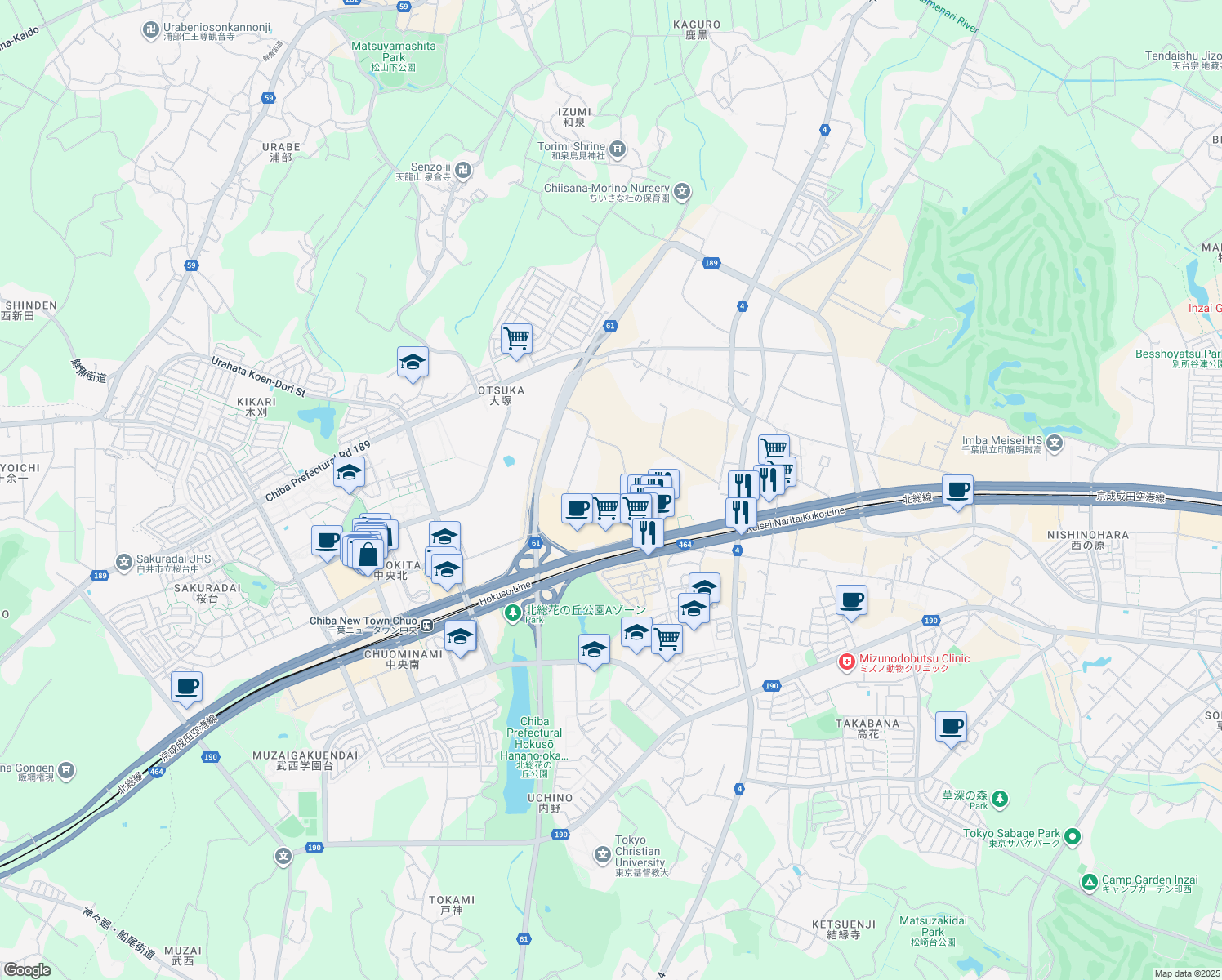 map of restaurants, bars, coffee shops, grocery stores, and more near in Inzai