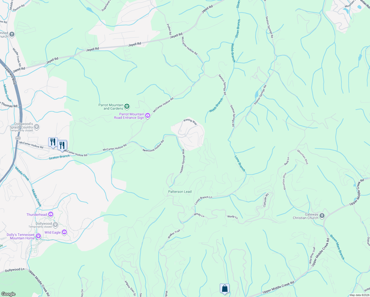 map of restaurants, bars, coffee shops, grocery stores, and more near 1623 Raccoon Den Way in Sevierville