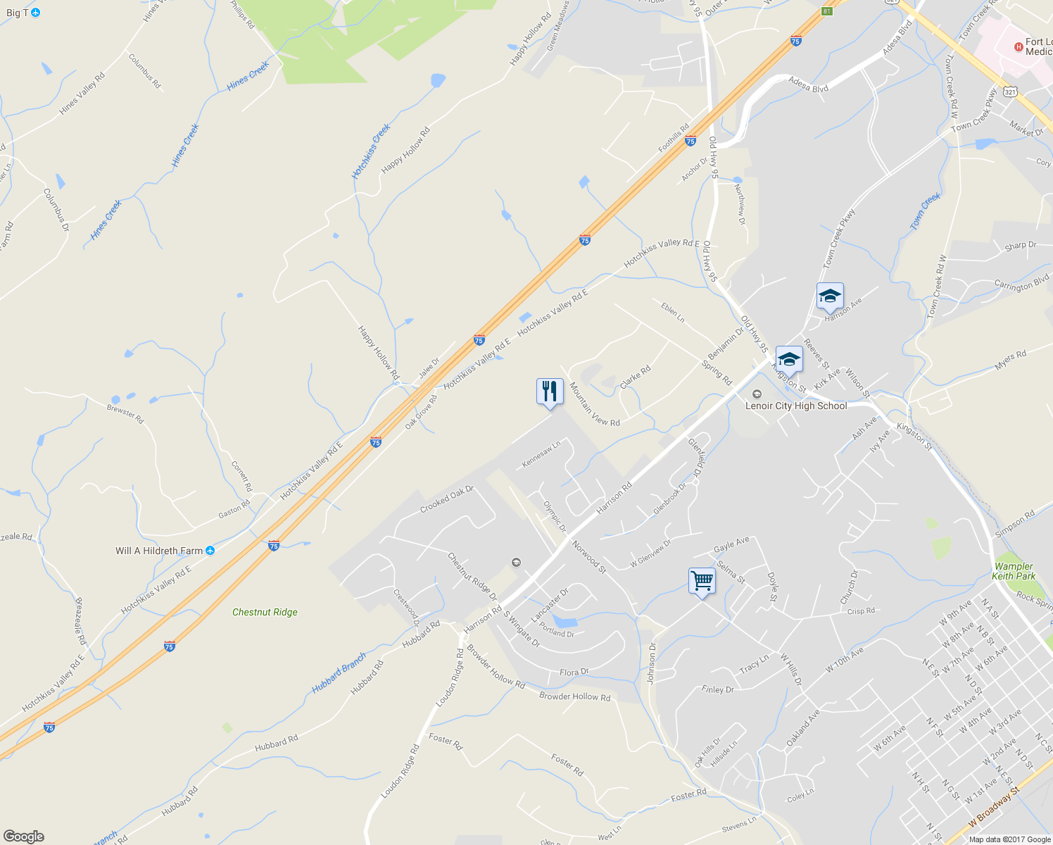 map of restaurants, bars, coffee shops, grocery stores, and more near 474 Shenandoah Dr in Lenoir City