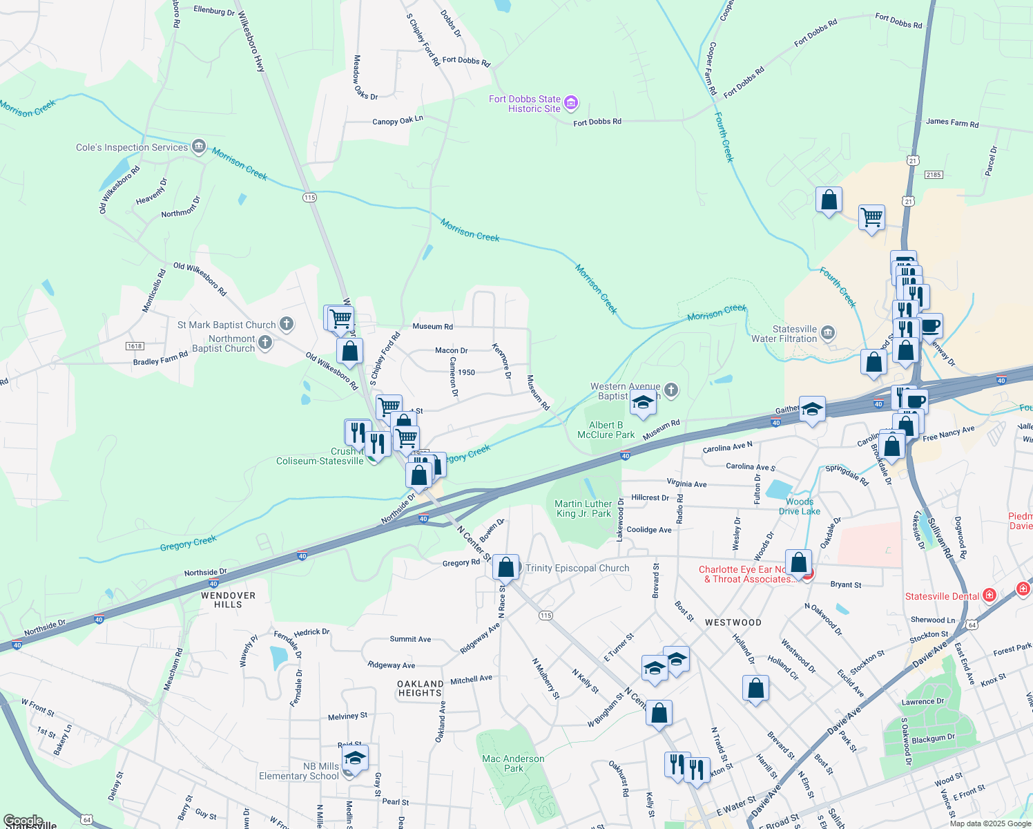 map of restaurants, bars, coffee shops, grocery stores, and more near 442 Millsaps Road in Statesville