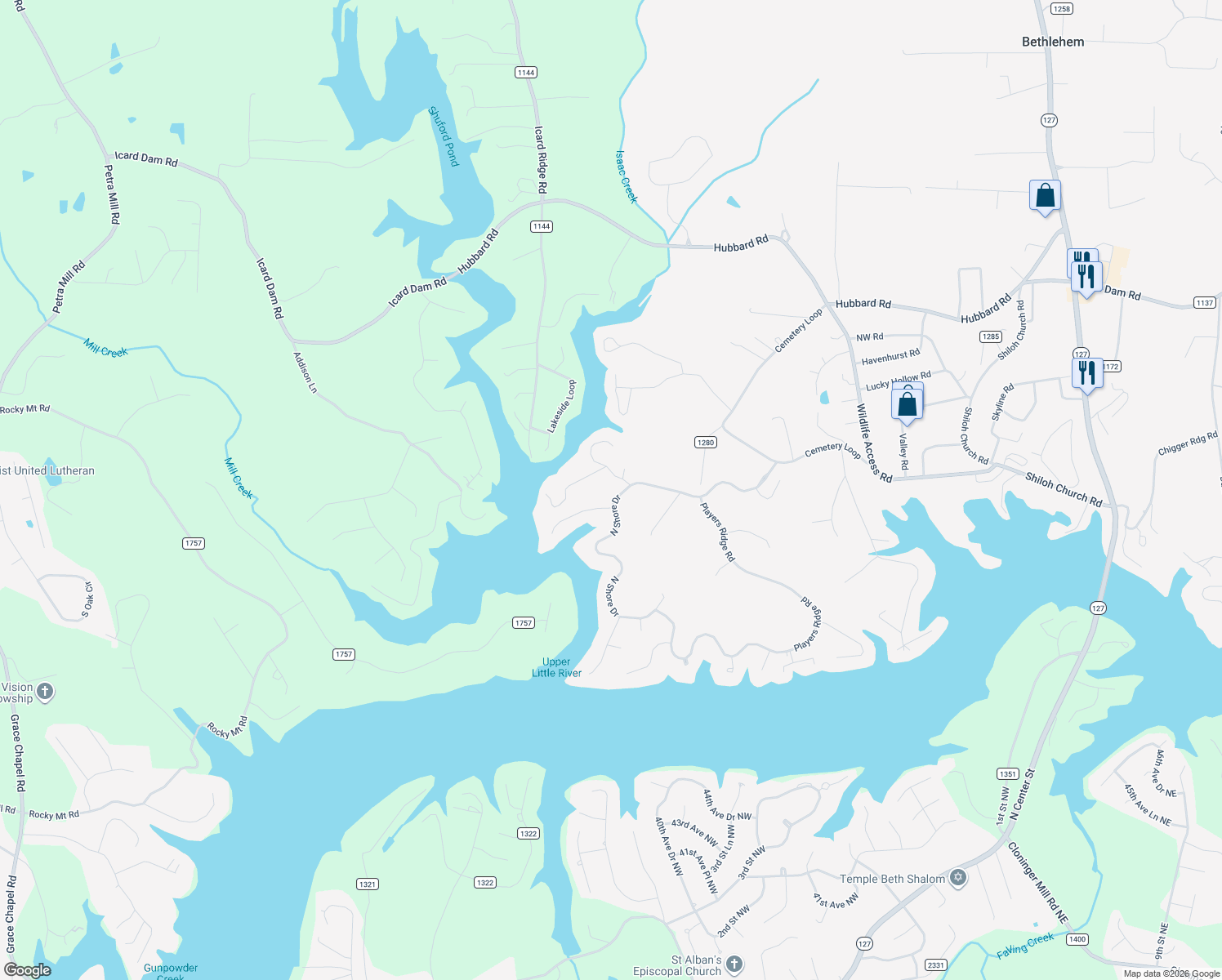 map of restaurants, bars, coffee shops, grocery stores, and more near 540 North Shore Drive in Hickory