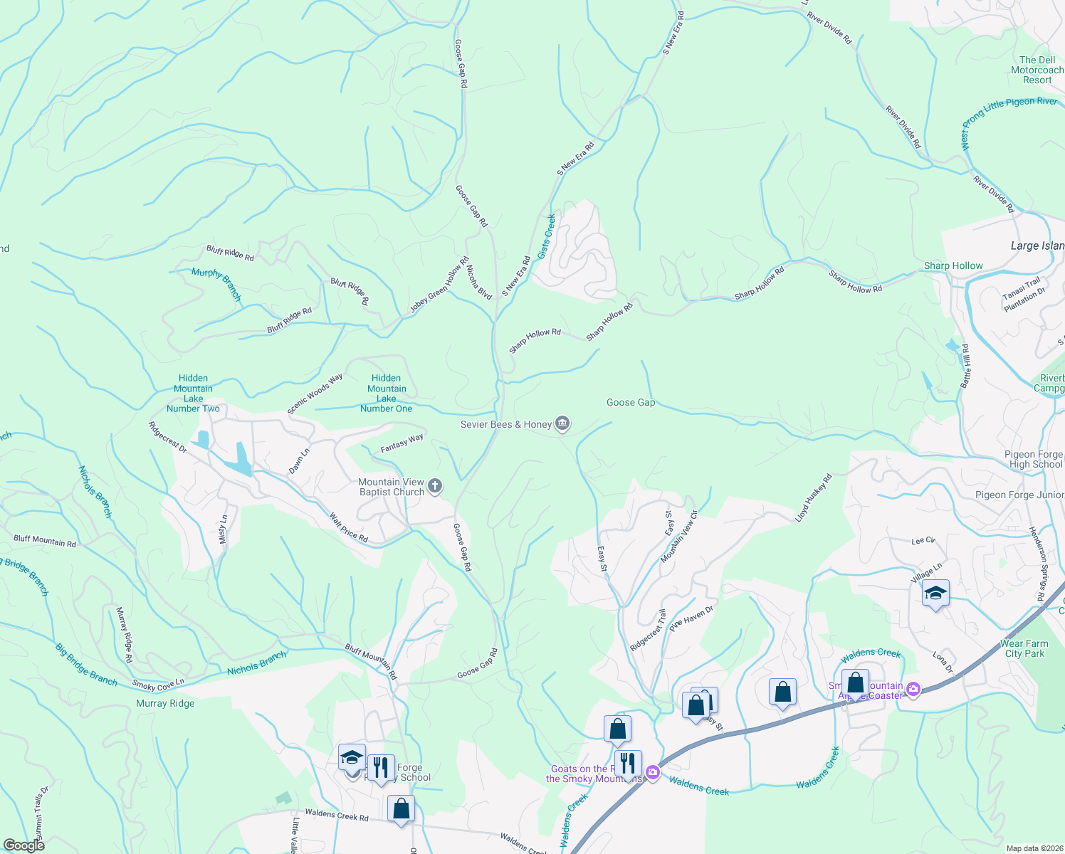 map of restaurants, bars, coffee shops, grocery stores, and more near 1336 Helton Road in Sevierville