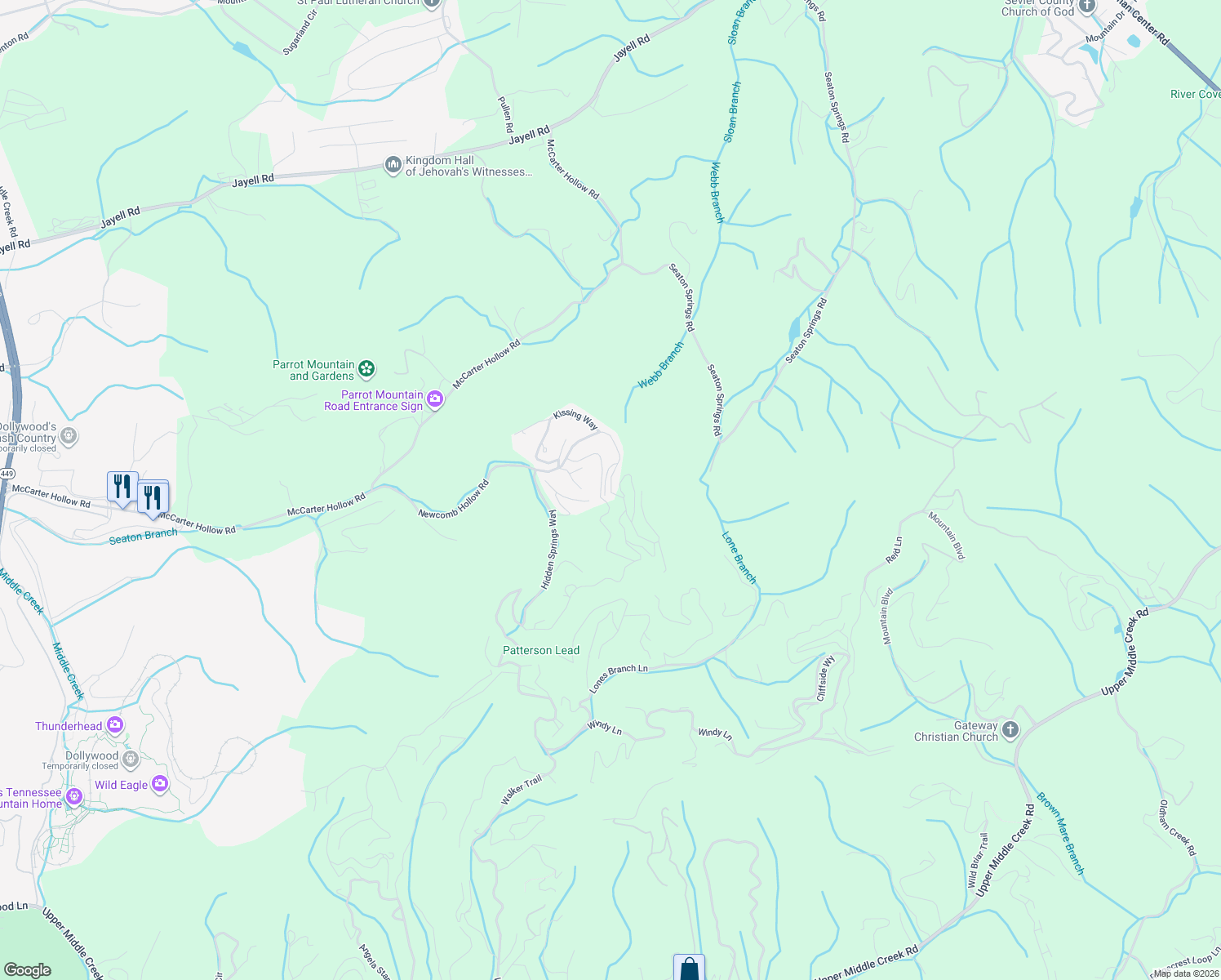 map of restaurants, bars, coffee shops, grocery stores, and more near Bears Den Way in Sevierville