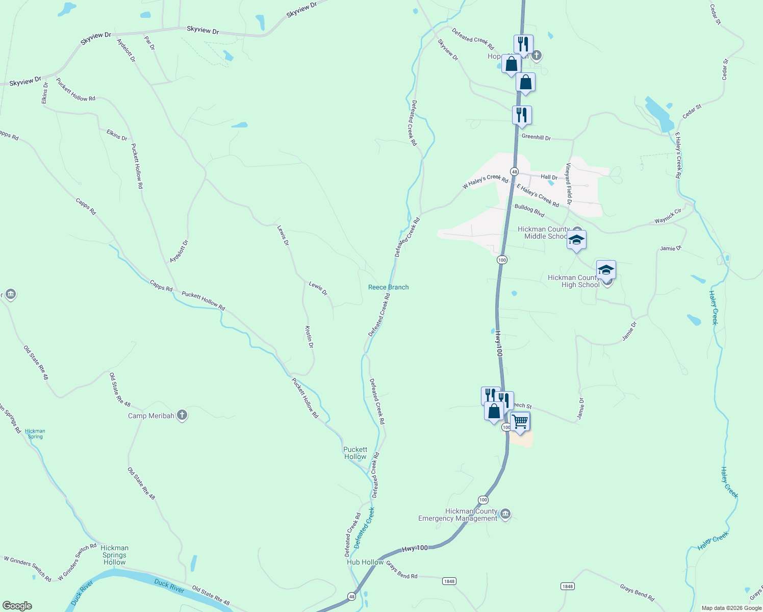 map of restaurants, bars, coffee shops, grocery stores, and more near 653 Defeated Creek Road in Centerville