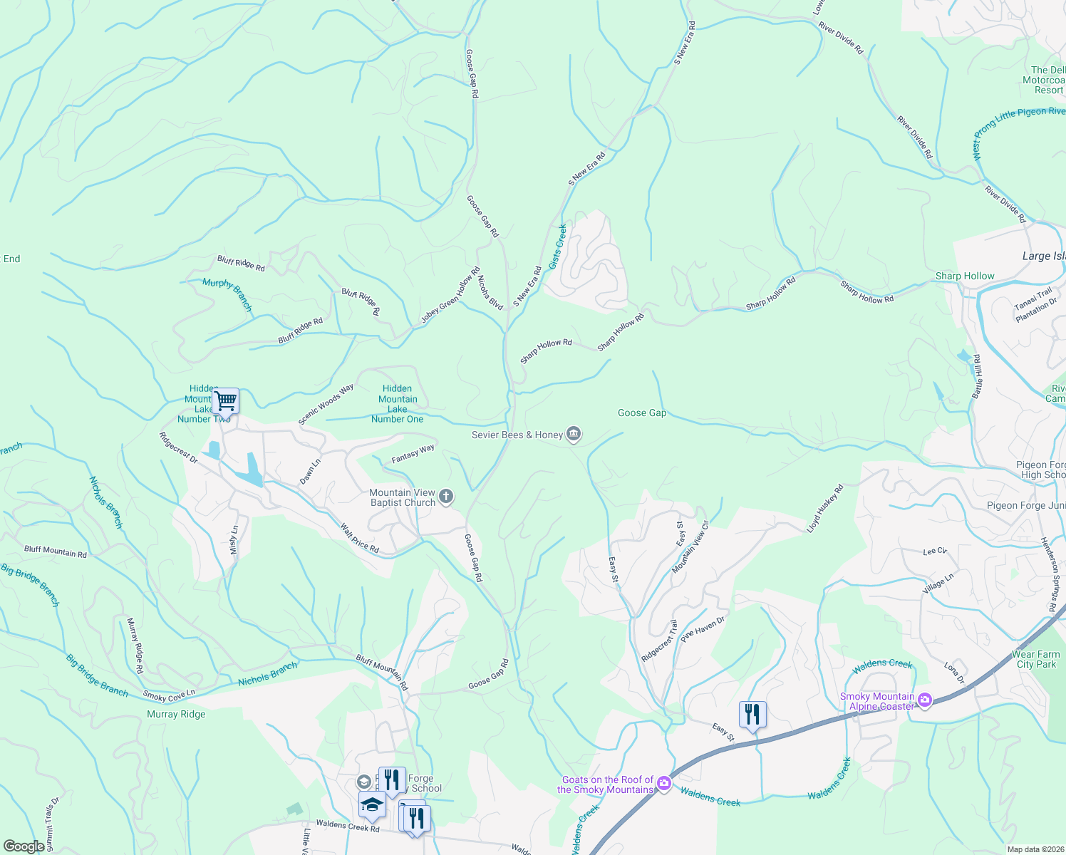 map of restaurants, bars, coffee shops, grocery stores, and more near 1336 Helton Road in Sevierville