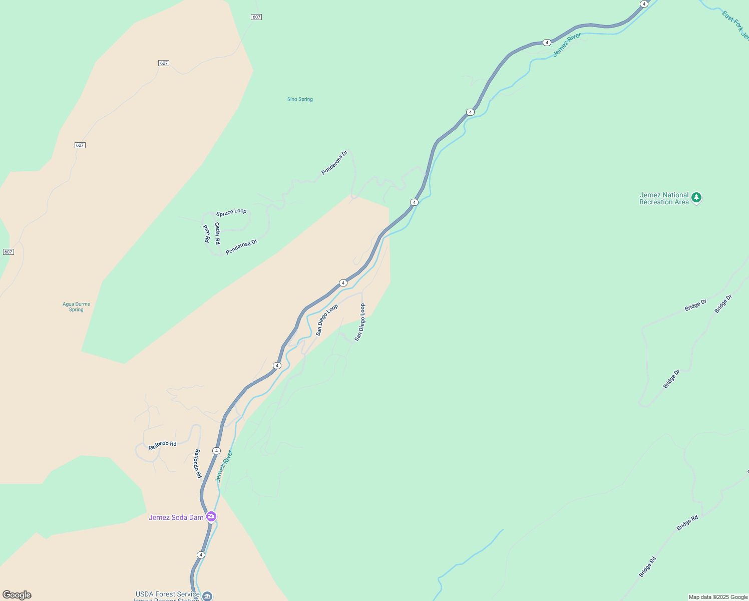 map of restaurants, bars, coffee shops, grocery stores, and more near 54 River Road in Jemez Springs