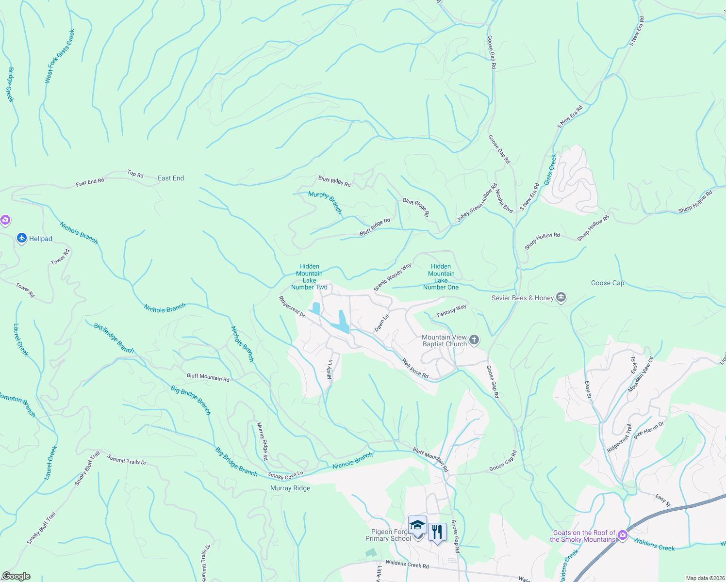 map of restaurants, bars, coffee shops, grocery stores, and more near 1628 South Mountain View Road in Sevierville