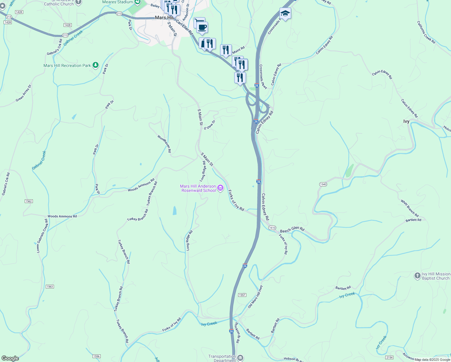 map of restaurants, bars, coffee shops, grocery stores, and more near 1562 Main Street in Mars Hill
