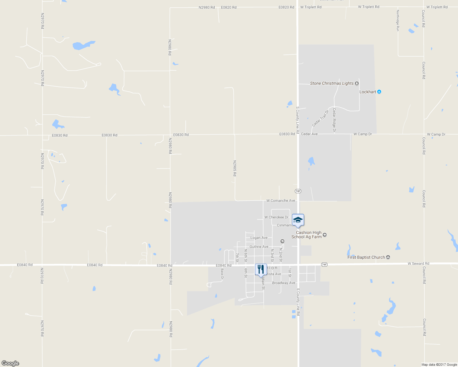 map of restaurants, bars, coffee shops, grocery stores, and more near 25356 North 2985 Road in Cashion