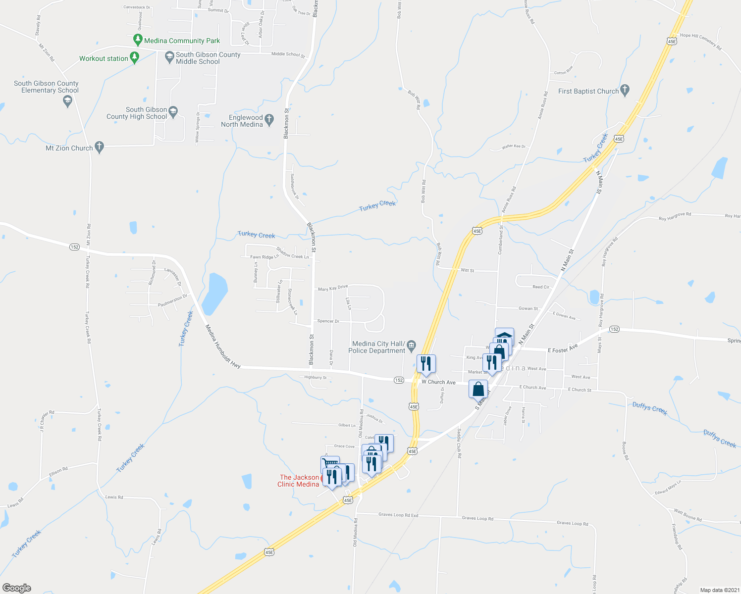 map of restaurants, bars, coffee shops, grocery stores, and more near 152 Ainsley Cove in Medina