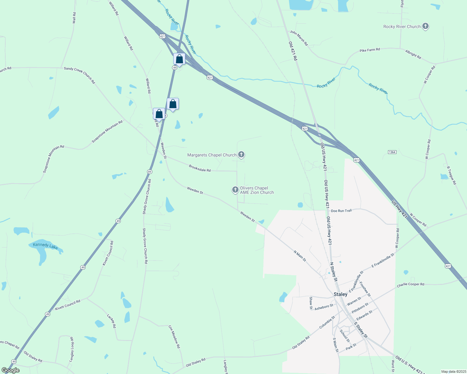 map of restaurants, bars, coffee shops, grocery stores, and more near 2601 Olivers Chapel Road in Staley