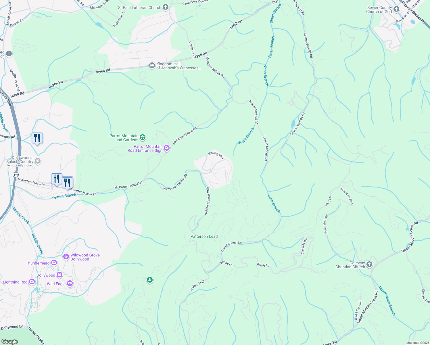 map of restaurants, bars, coffee shops, grocery stores, and more near 1501 Squirrel Nest Way in Sevierville