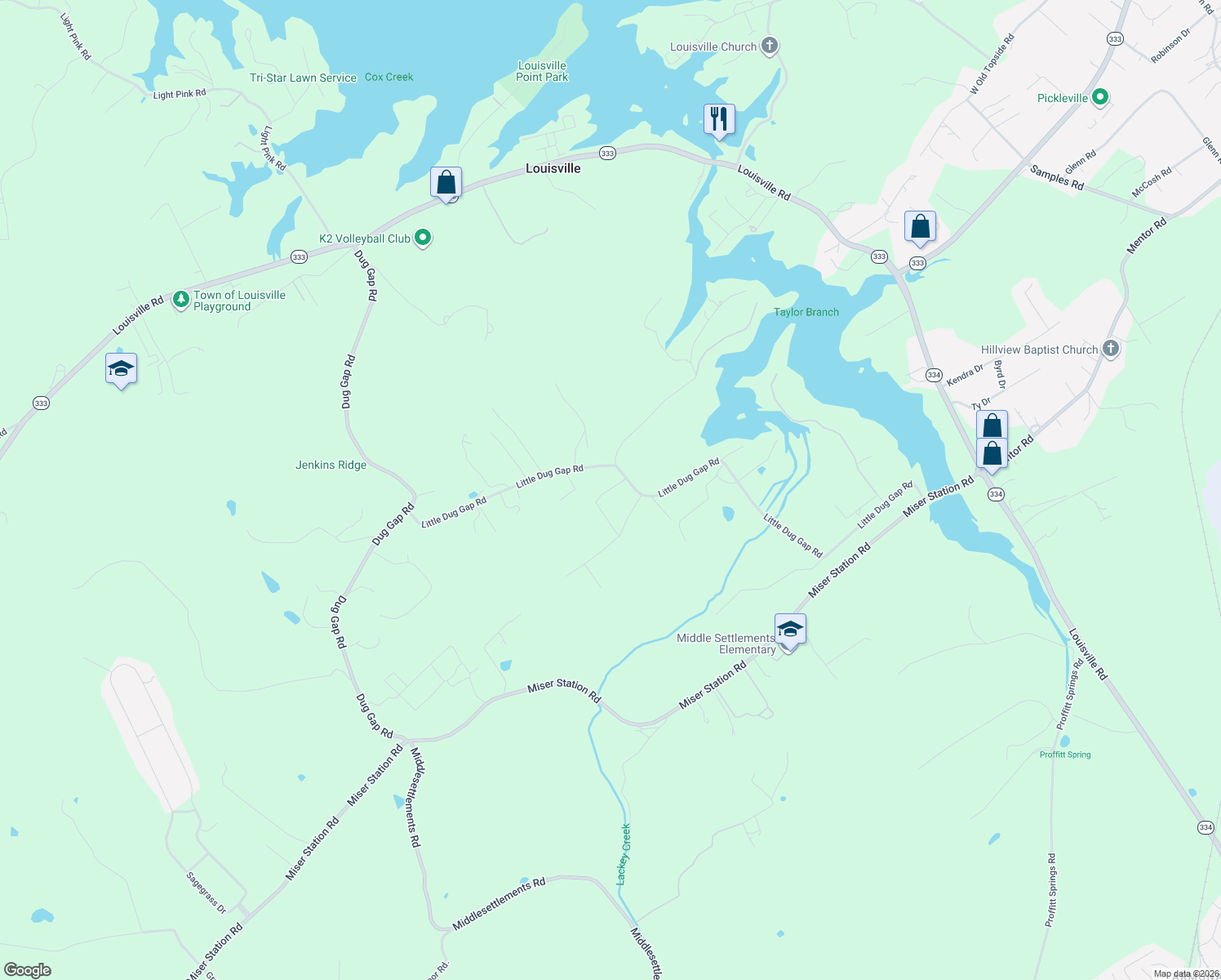 map of restaurants, bars, coffee shops, grocery stores, and more near 3165 Little Dug Gap Rd in Louisville