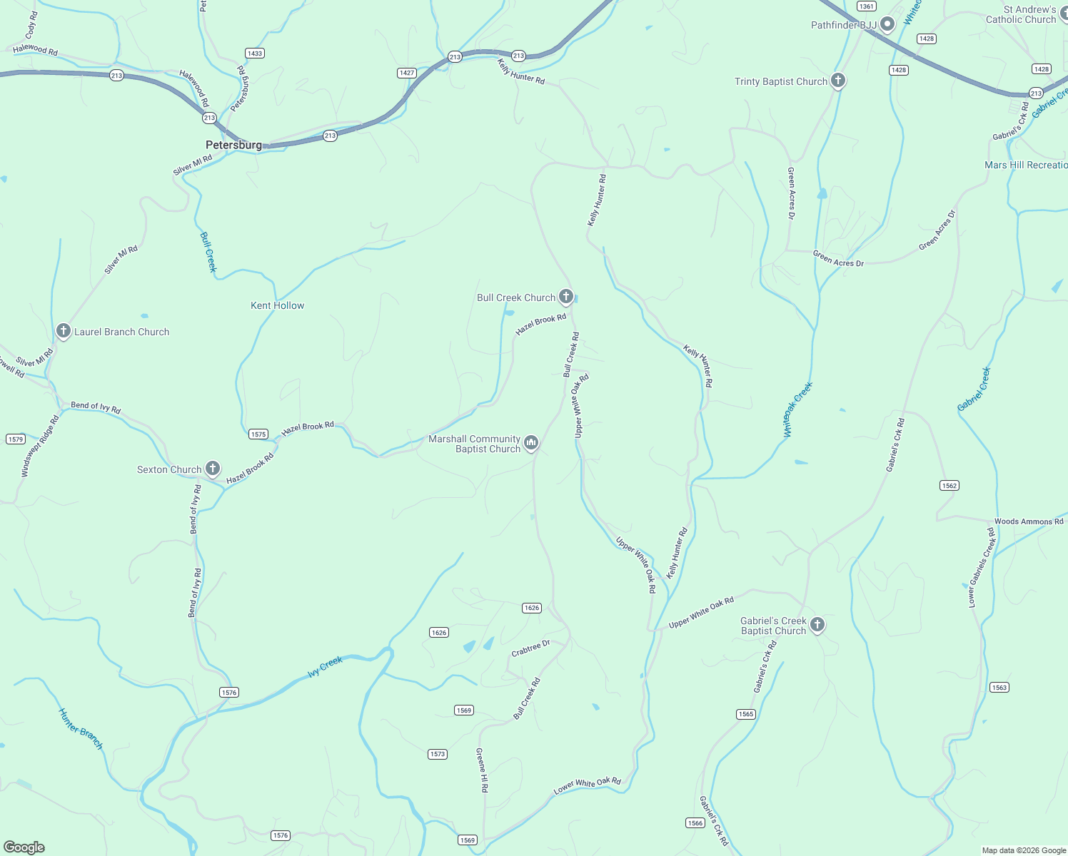 map of restaurants, bars, coffee shops, grocery stores, and more near 2586 Bull Creek Road in Marshall