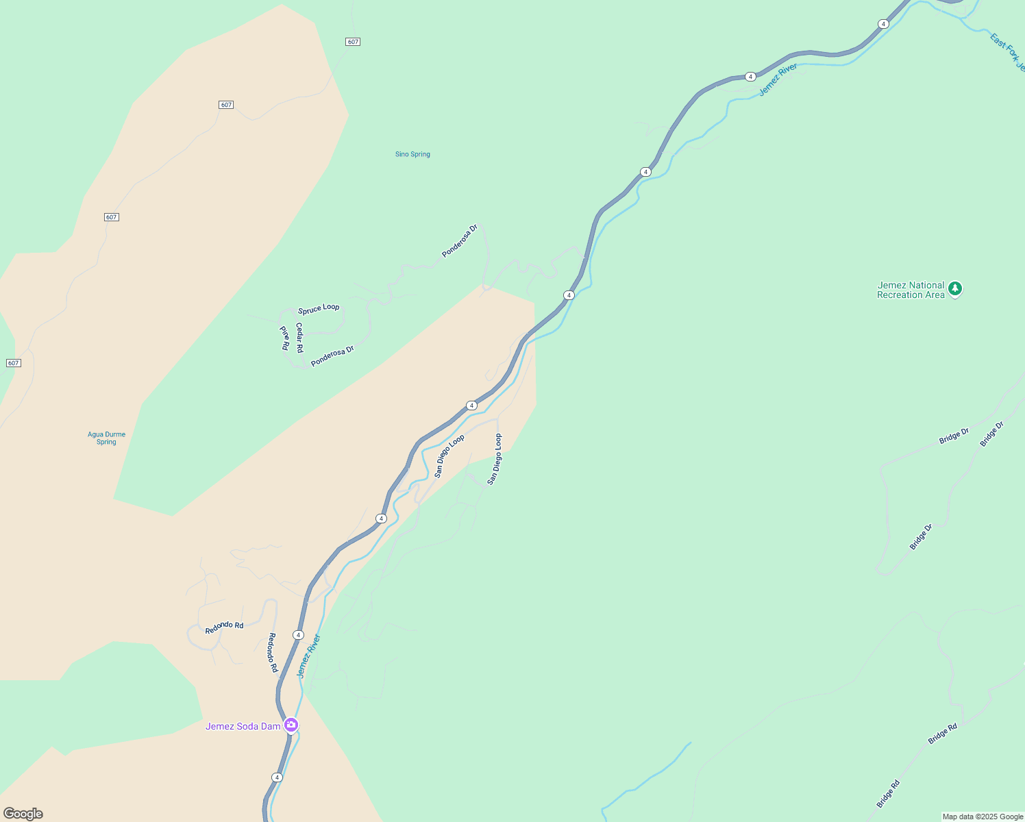 map of restaurants, bars, coffee shops, grocery stores, and more near 54 River Road in Jemez Springs