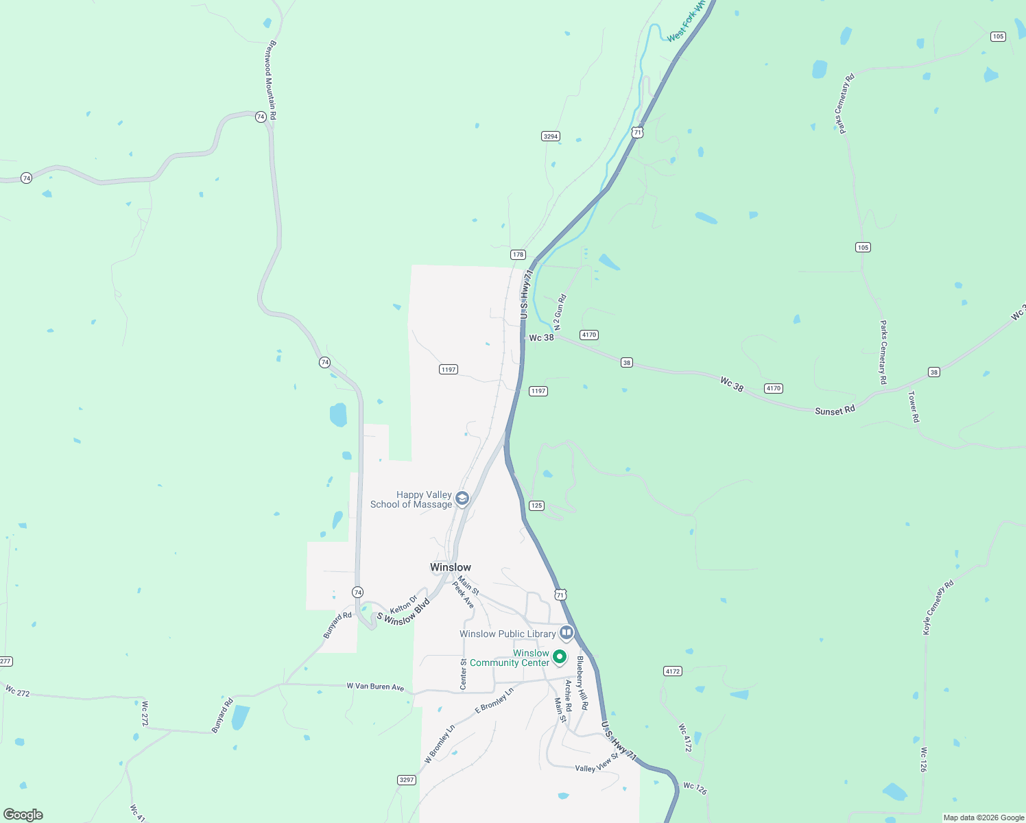 map of restaurants, bars, coffee shops, grocery stores, and more near 601 U.S. 71 in Winslow