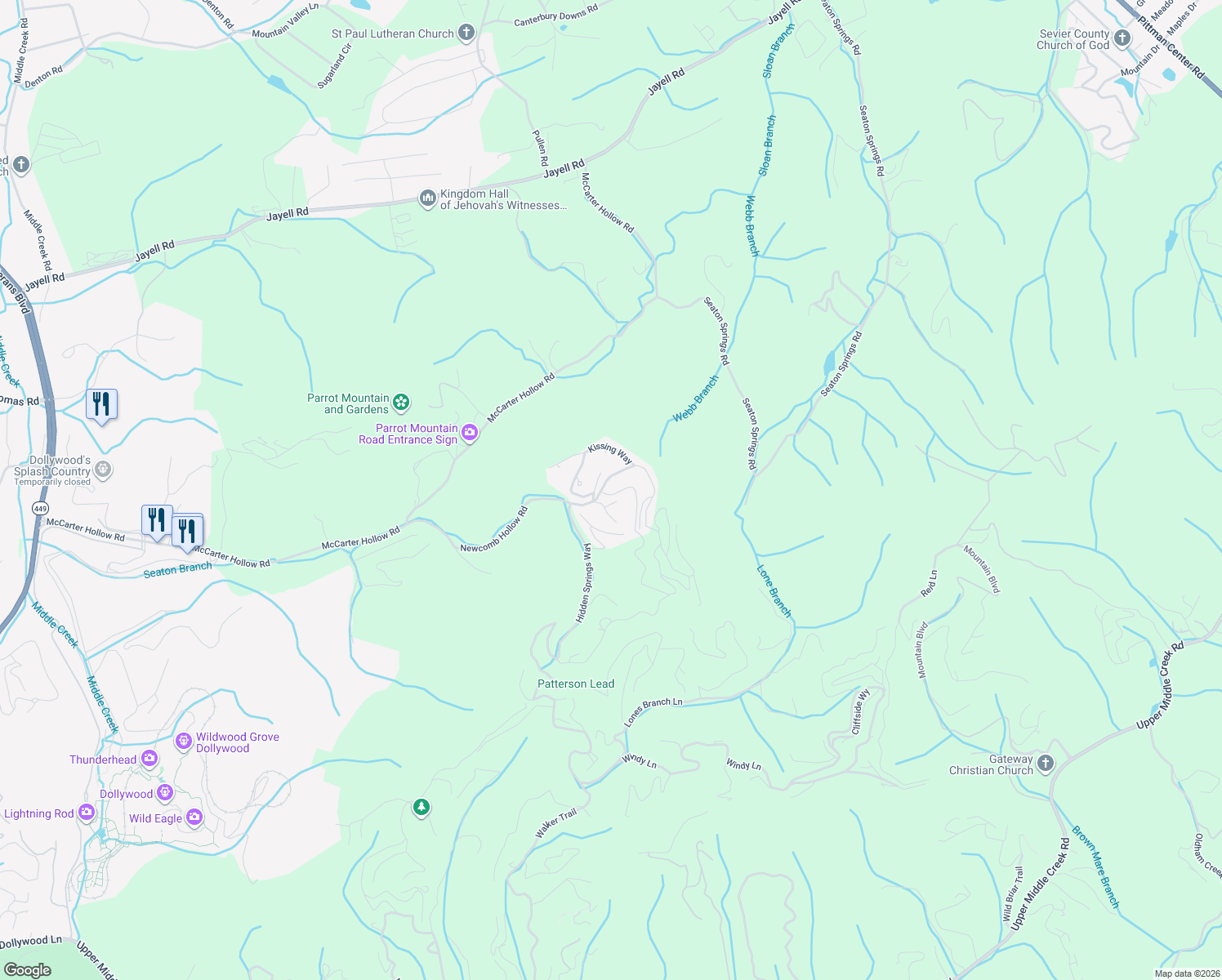 map of restaurants, bars, coffee shops, grocery stores, and more near 1501 Squirrel Nest Way in Sevierville