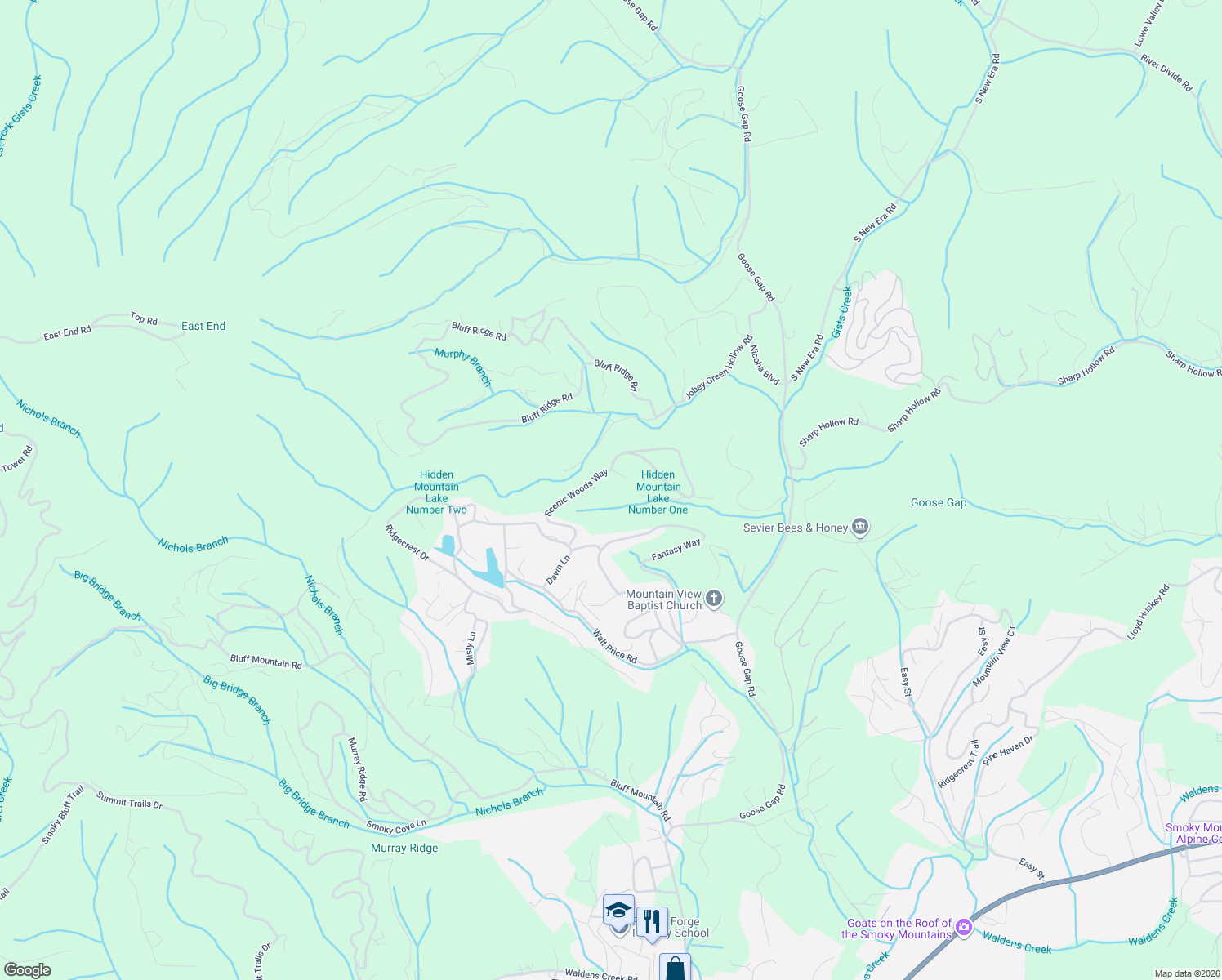 map of restaurants, bars, coffee shops, grocery stores, and more near 1570 Scenic Woods Way in Sevierville
