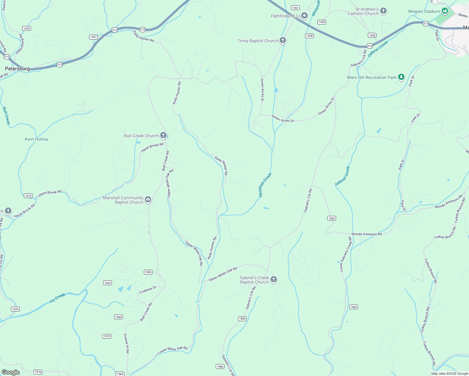 map of restaurants, bars, coffee shops, grocery stores, and more near 114 Kelly Hunter Road in Marshall