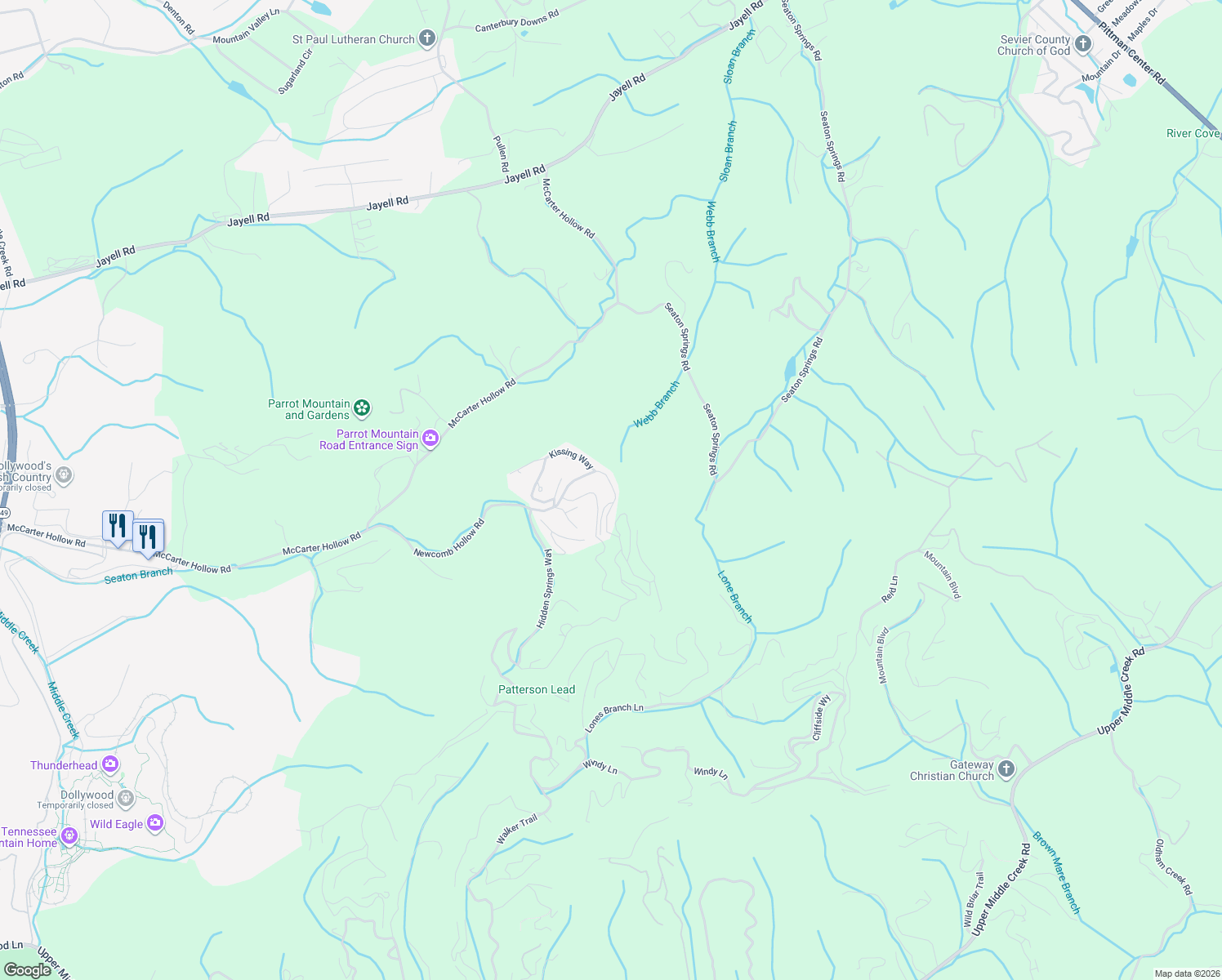 map of restaurants, bars, coffee shops, grocery stores, and more near 1554 Bears Den Way in Sevierville