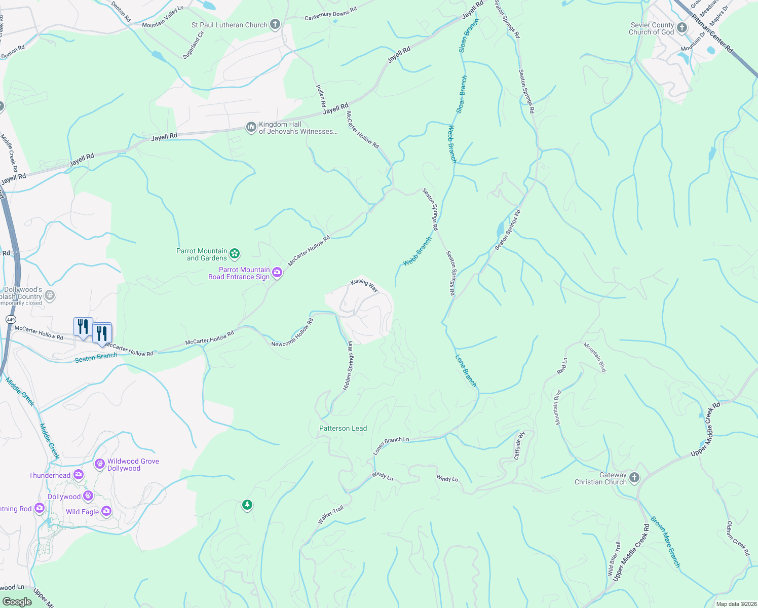 map of restaurants, bars, coffee shops, grocery stores, and more near 1536 Bears Den Way in Sevierville