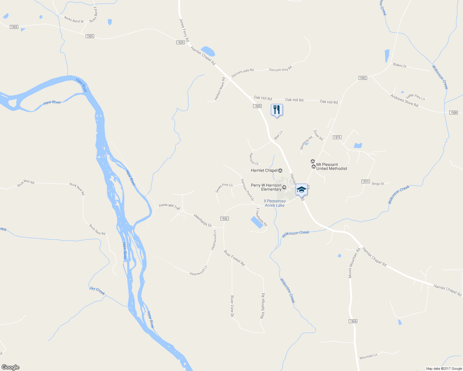 map of restaurants, bars, coffee shops, grocery stores, and more near Sweet Pine Circle in Pittsboro
